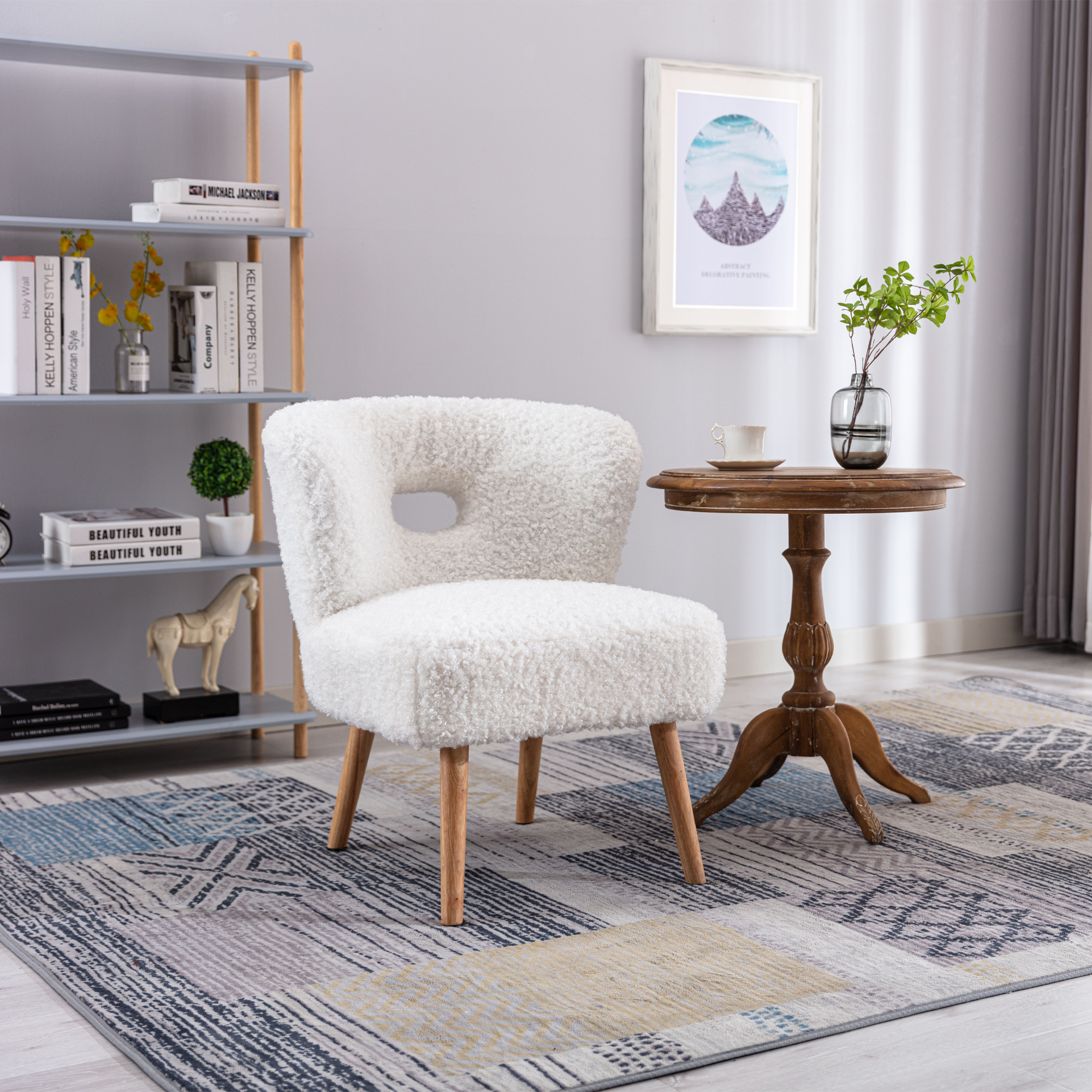 HengMing Accent Chair Lambskin Sherpa Upholstery Open Back Chair for Living Room Bedroom/White-CASAINC