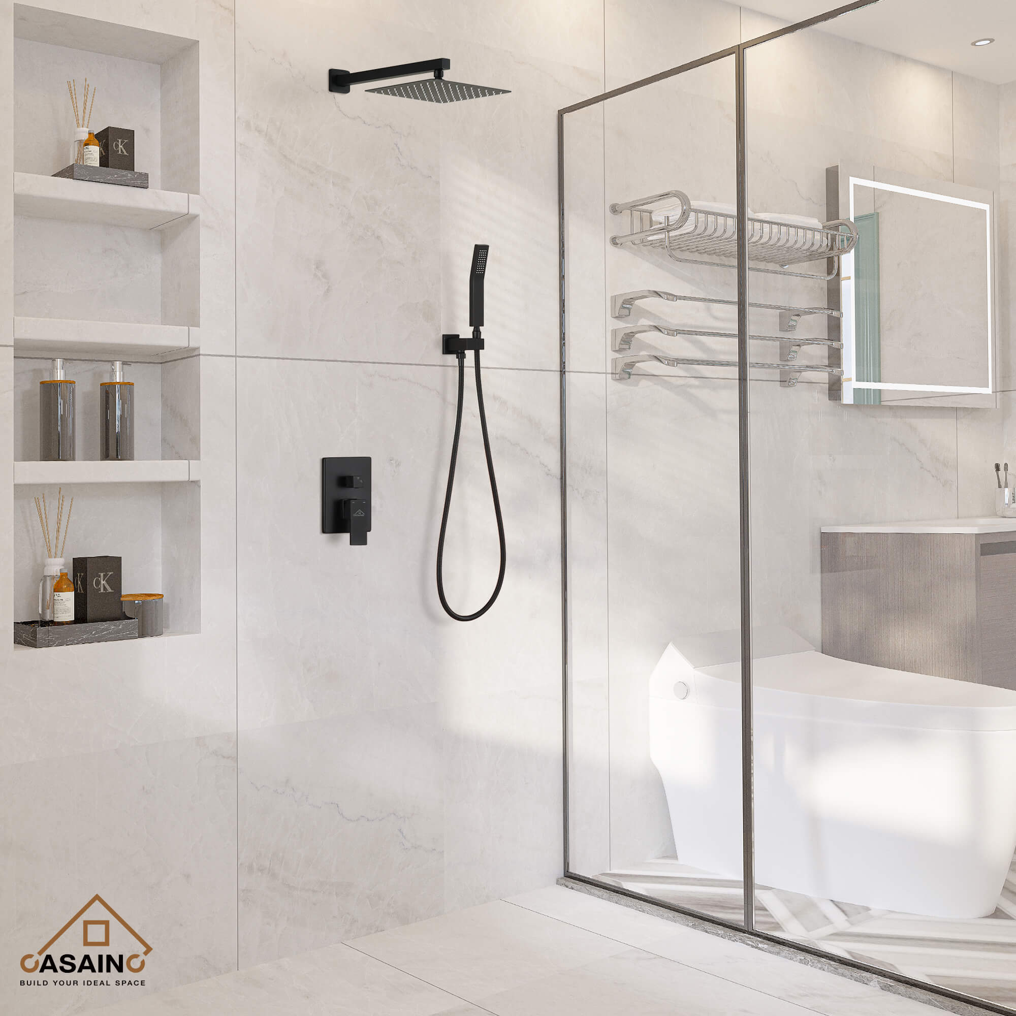 CASAINC Wall-Mounted/Ceiling-Mounted 2-Function Shower System with Handheld Shower in Matte Black