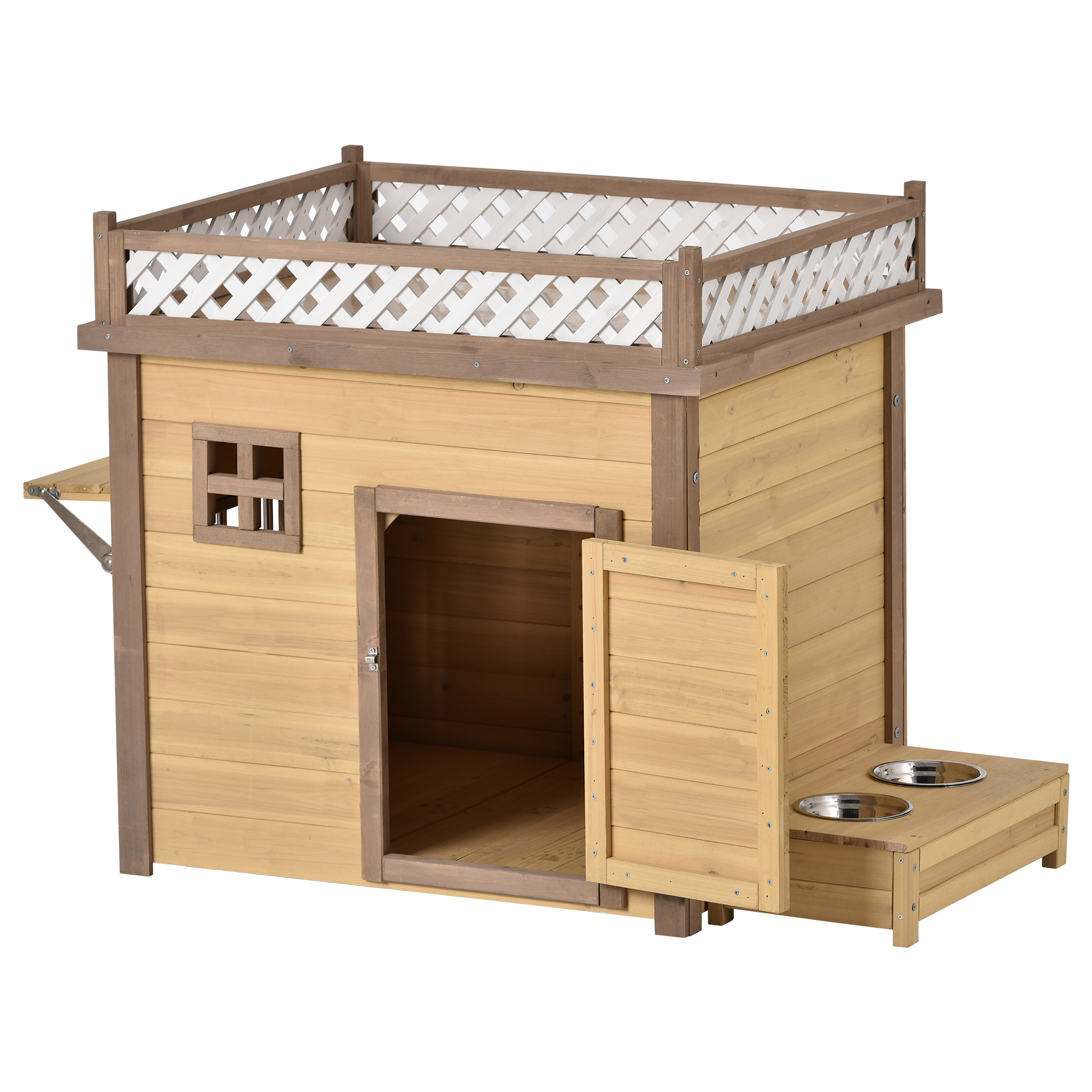 31.5” Wooden Dog House Puppy Shelter Kennel Outdoor & Indoor Dog crate, with Flower Stand, Plant Stand, With Wood Feeder-CASAINC