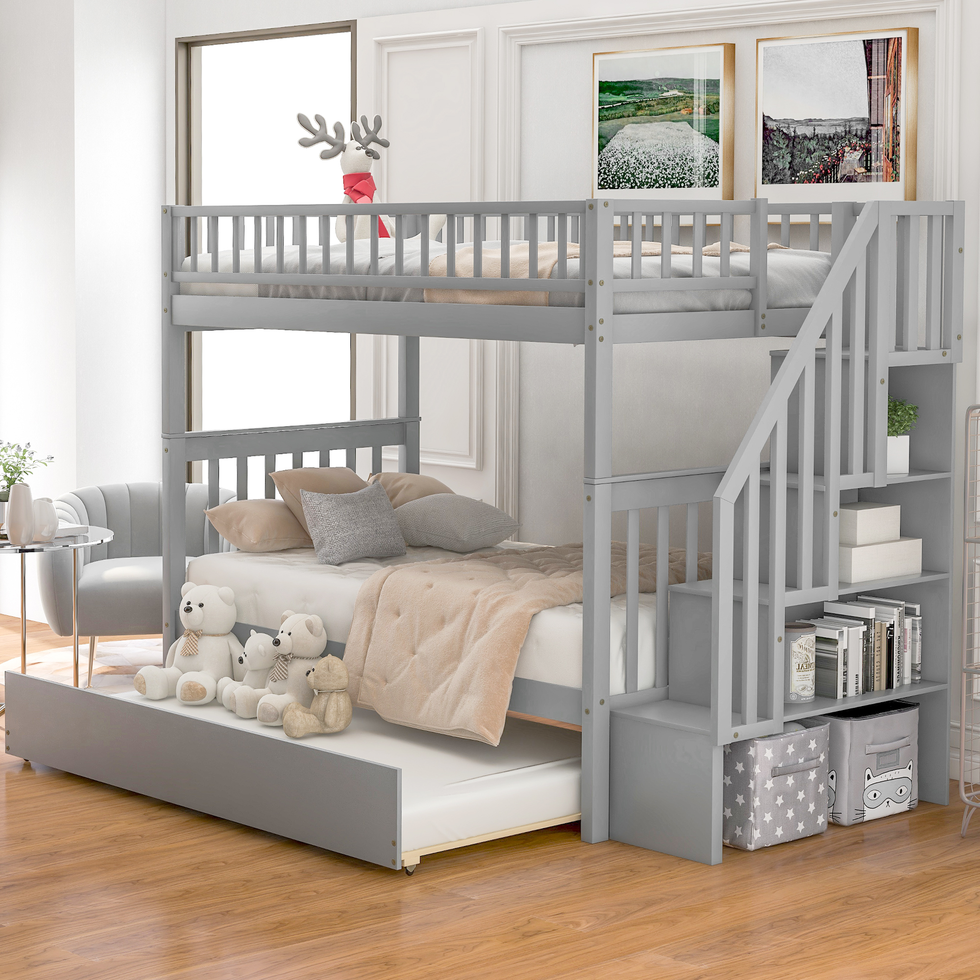 Twin over Twin Bunk Bed with Trundle and Storage, Gray-CASAINC