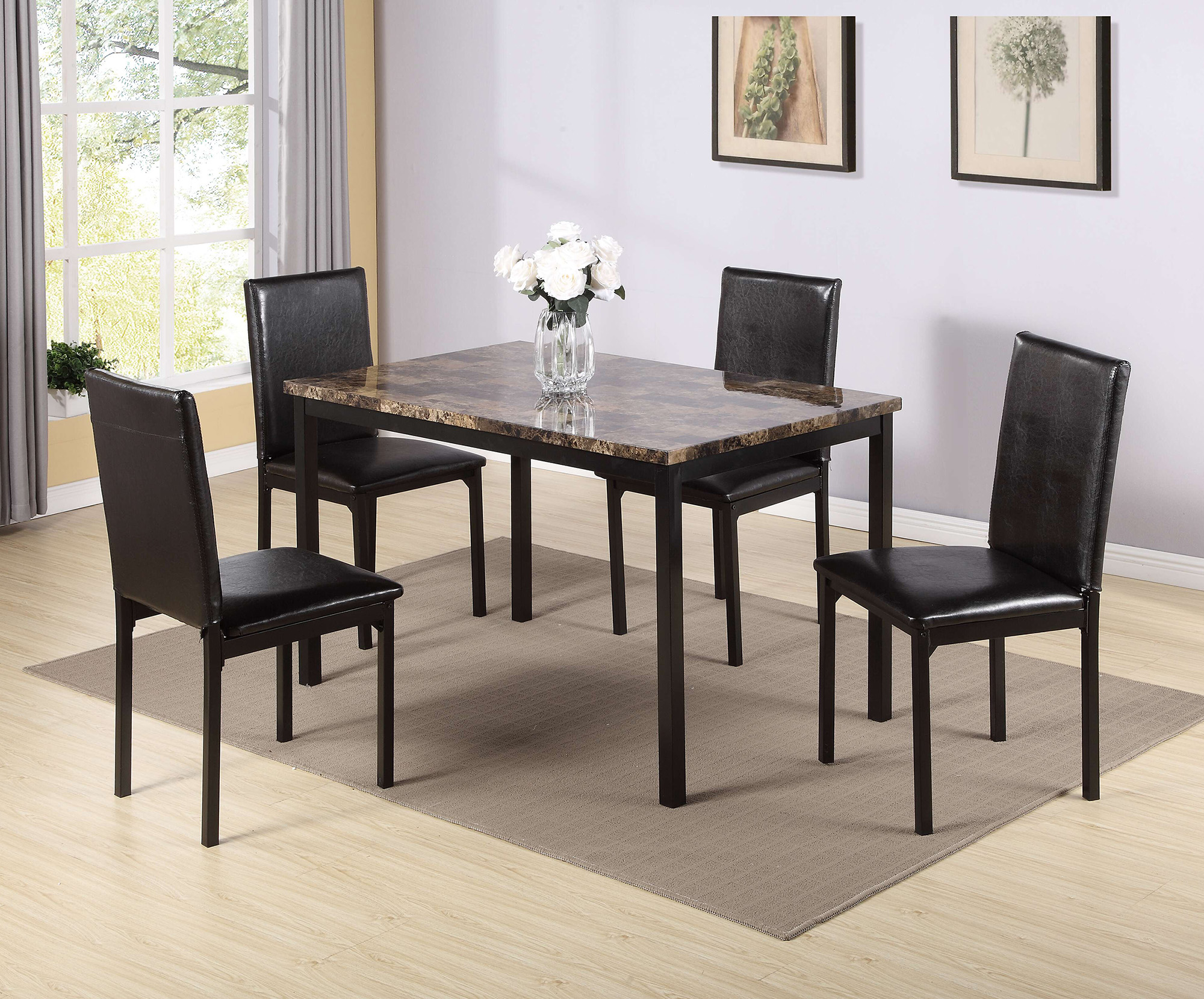 Furniture 5 Piece Metal Dinette Set with Faux Marble Top - Black-CASAINC