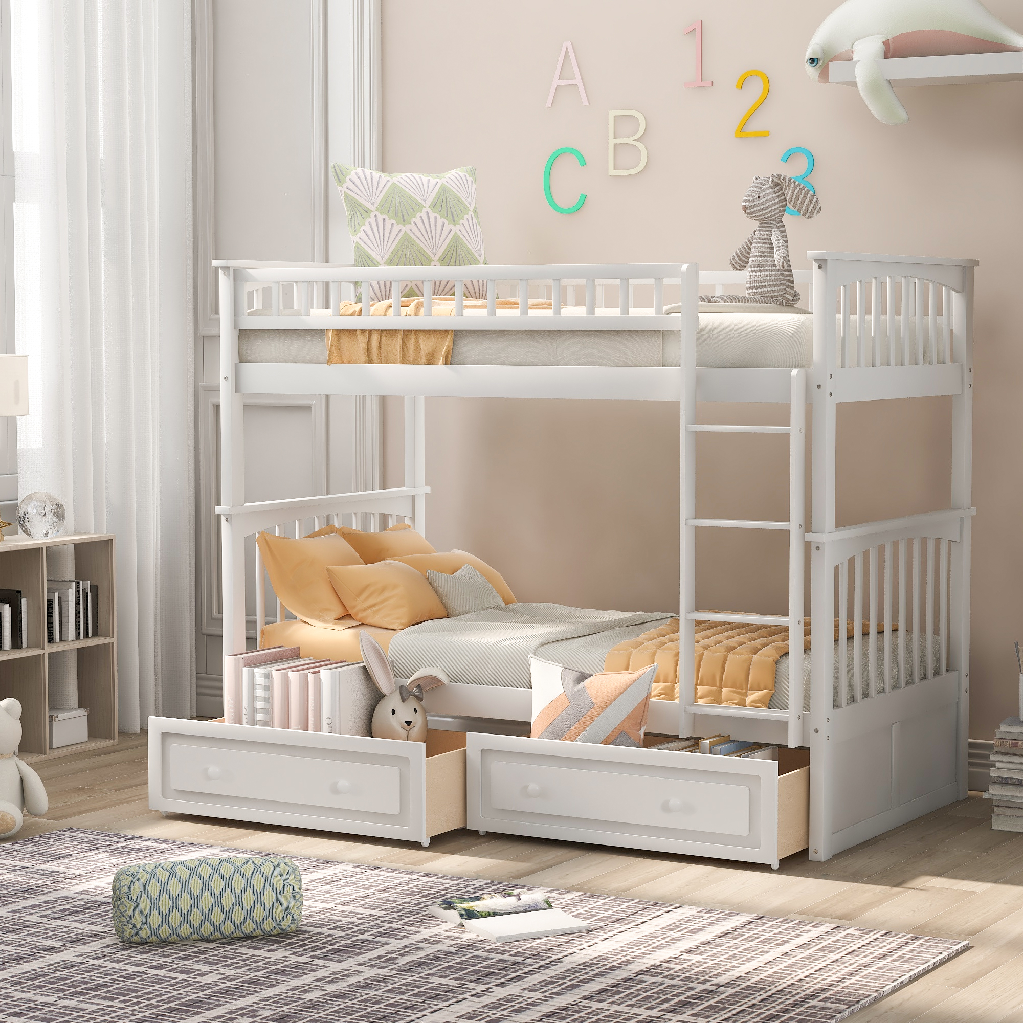 Twin over Twin Bunk Bed with Drawers, Convertible Beds, White-CASAINC