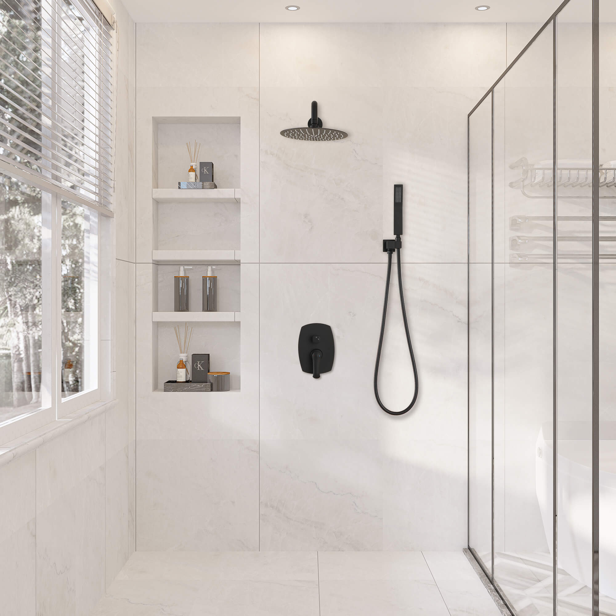 Casainc Matte Black Round Built-in Shower System with Handheld Shower