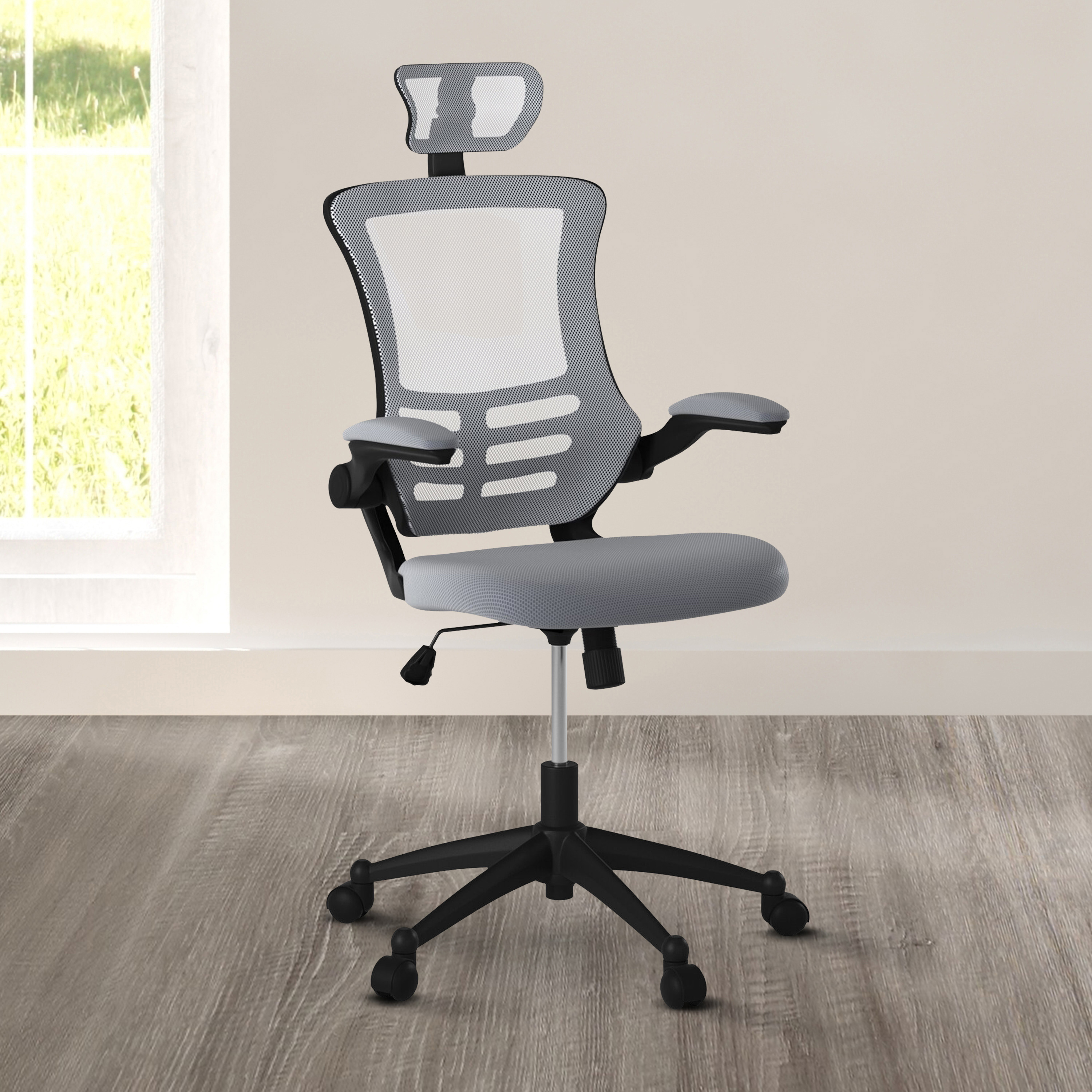 Techni Mobili Modern High-Back Mesh Executive Office Chair with Headrest and Flip-Up Arms, Silver Grey-CASAINC