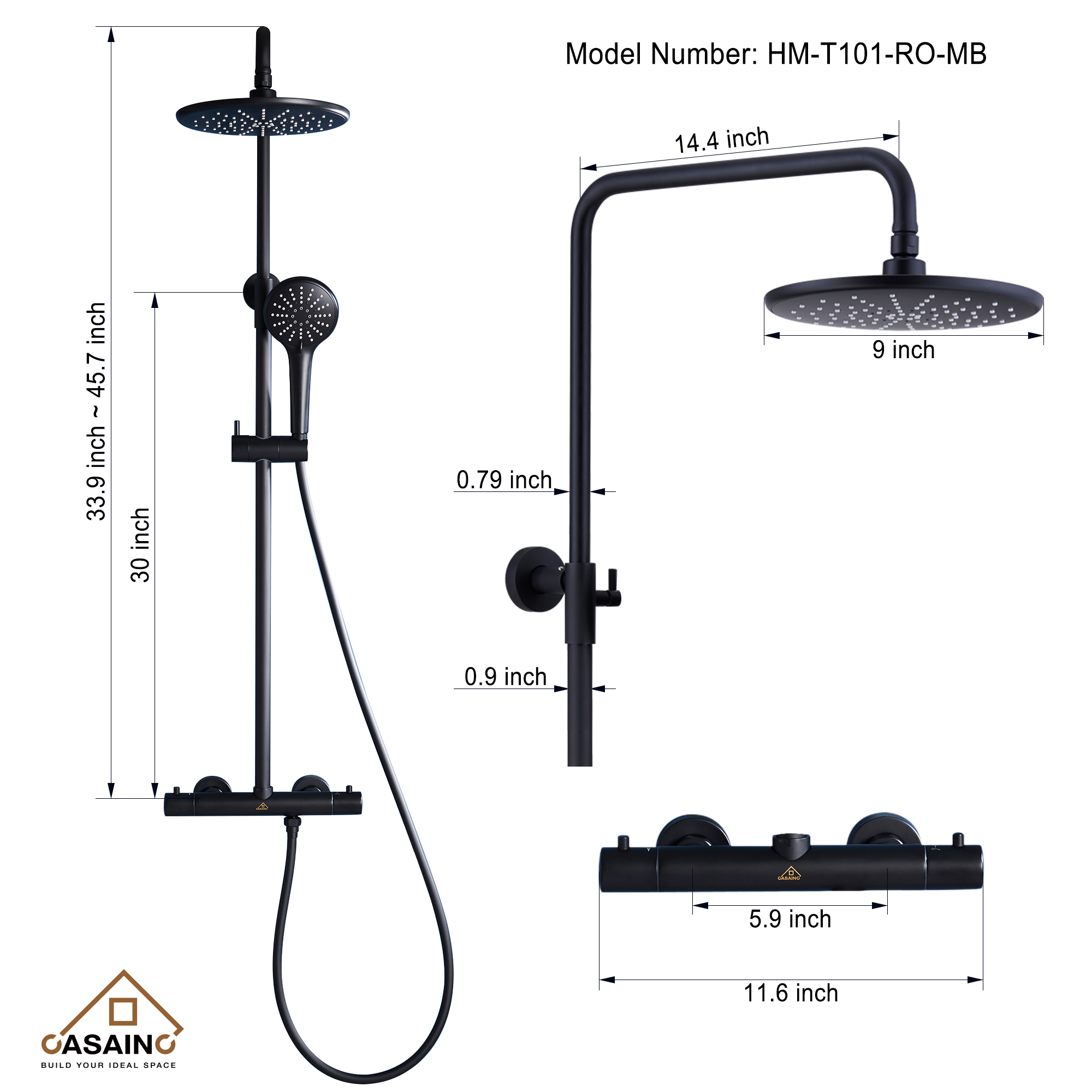 CASAINC 9.5 inch Thermostatic rain shower faucet