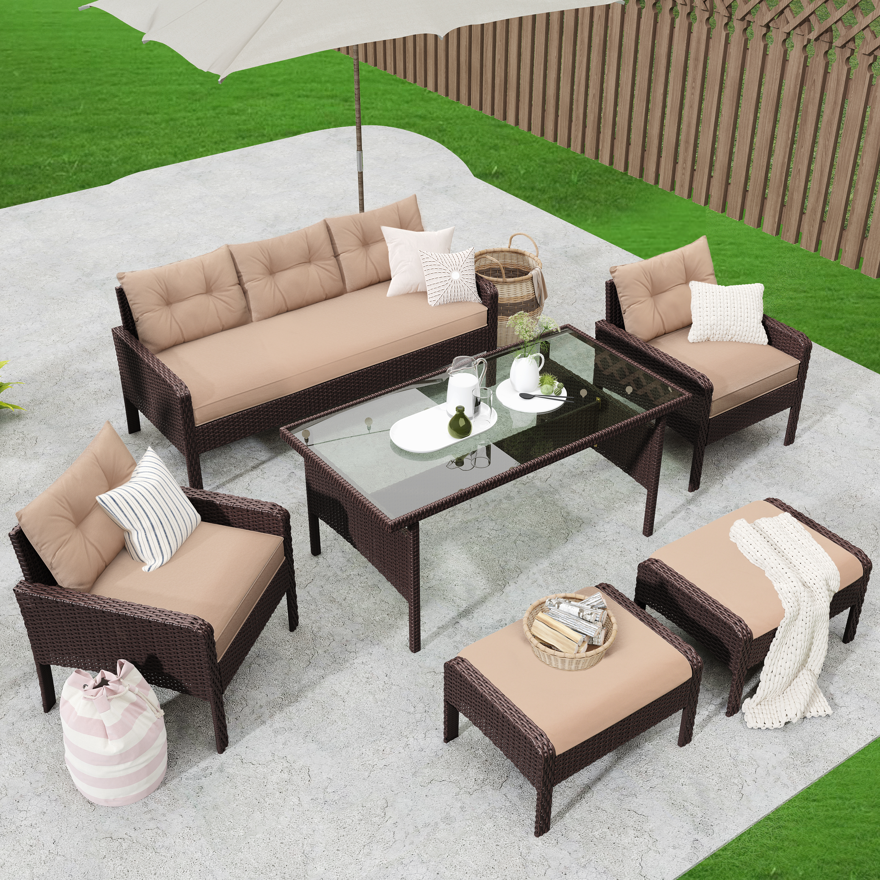 6-Piece Outdoor Patio PE Wicker Rattan Sofa Set Dining Table Set with Removable Cushions and Tempered Glass Tea Table for Backyard, Poolside, Deck, Brown Wicker+Light Coffee Cushion-CASAINC