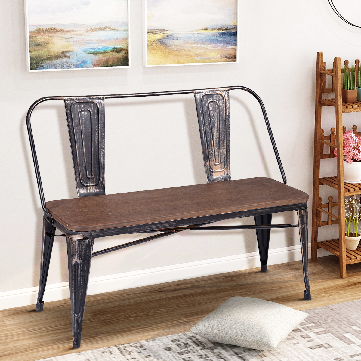 TREXM Rustic Vintage Style Distressed Dining Table Bench with Wooden Seat Panel and Metal Backrest  Legs-CASAINC