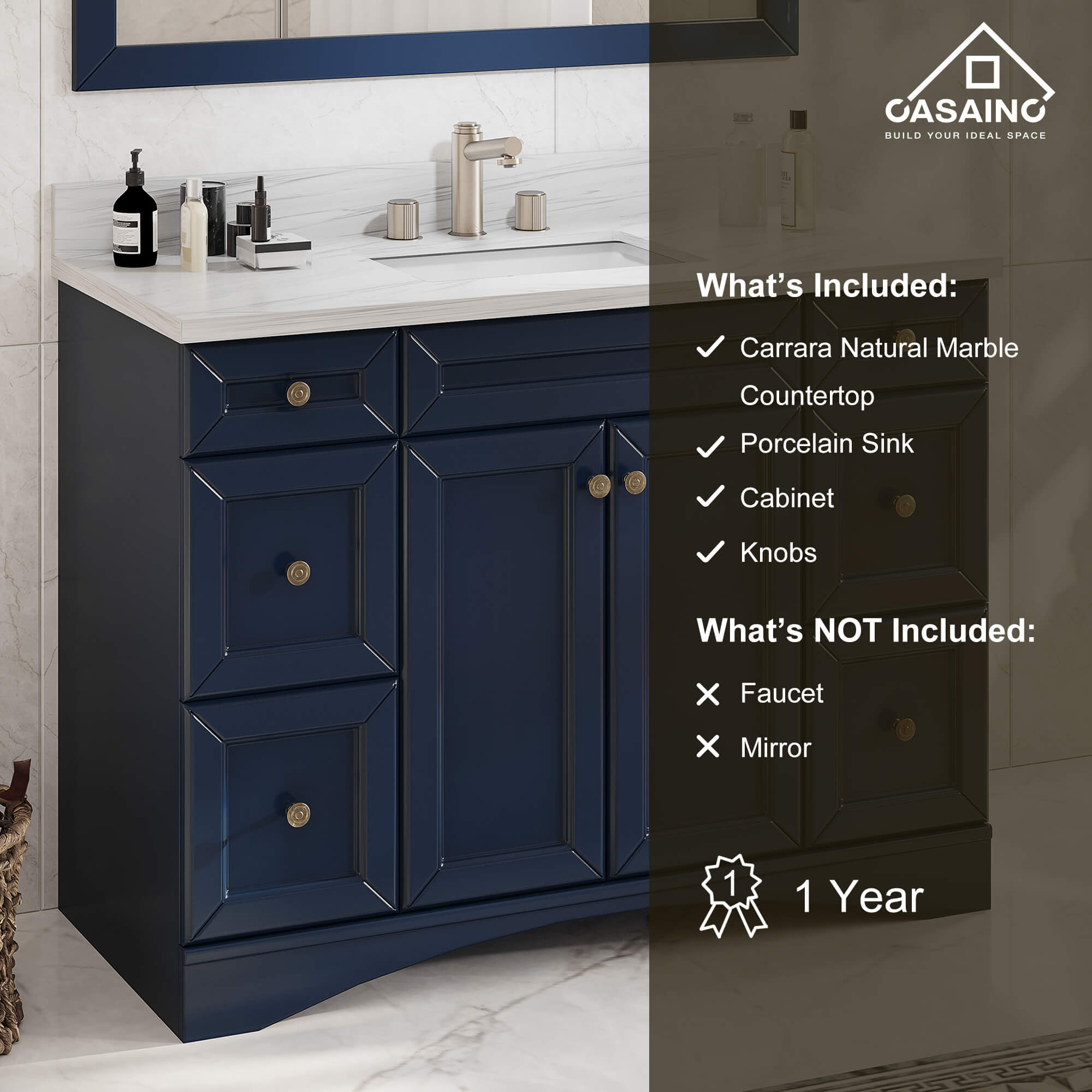 CASAINC 48 x 22 x 35.4 in. Solid Wood Navy Blue Bath Vanity with Carrara White Marble Countertop (No/With Mirror)