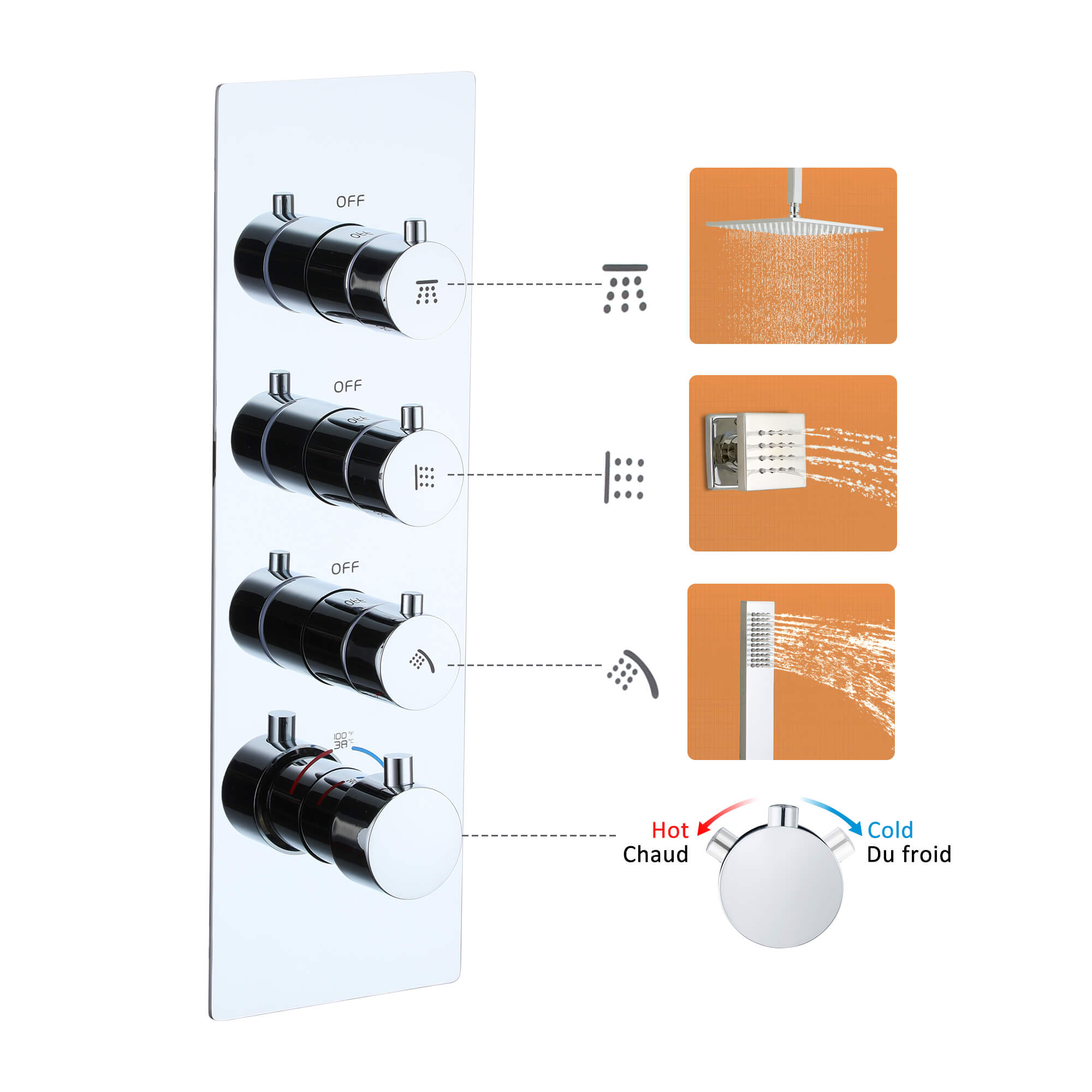 CASAINC Chrome 12 Inch 6-Spray Rainfall Built-In Shower System