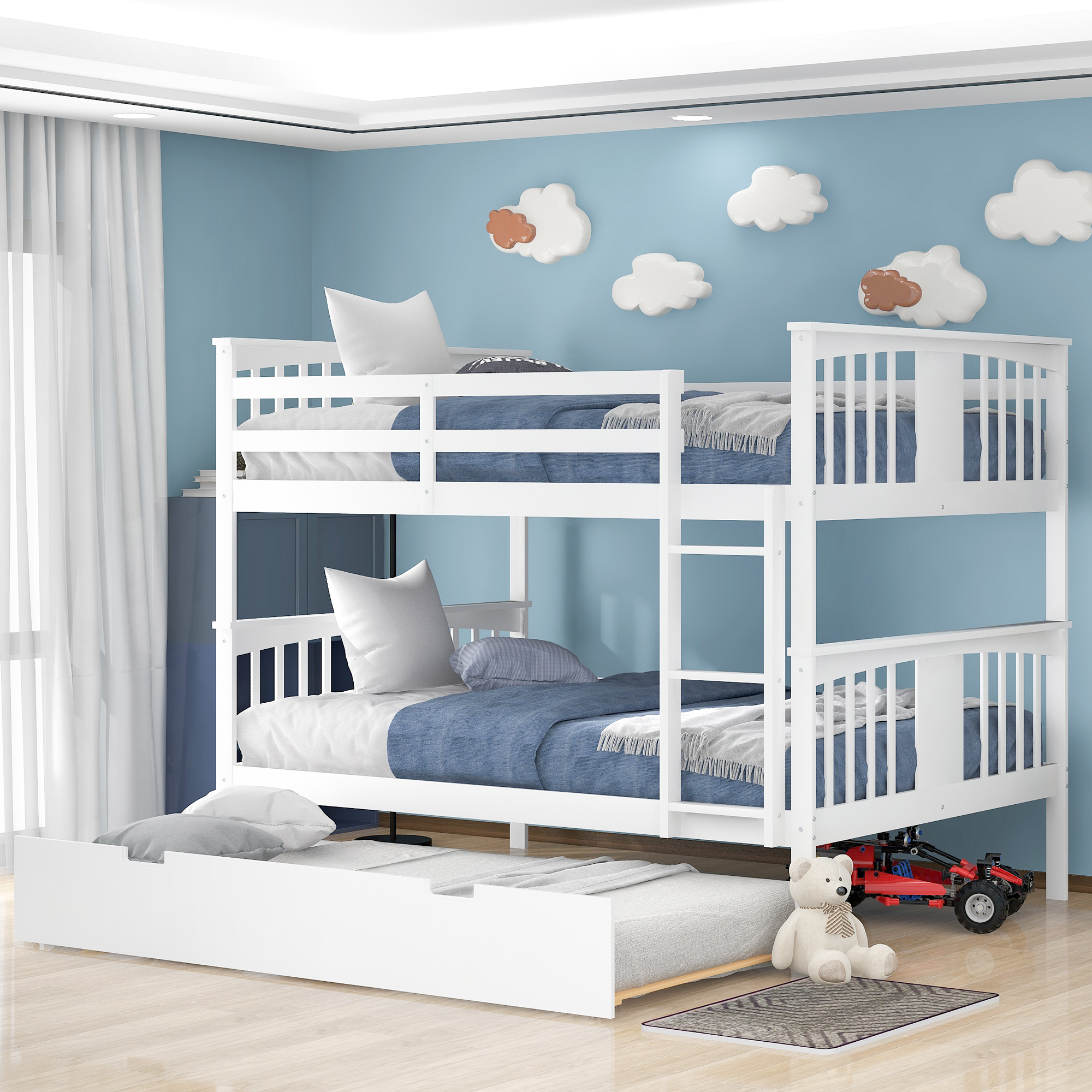 Full over Full Bunk Bed with Twin Size Trundle and Ladder-White(Old SKU: LP000204AAK)-CASAINC