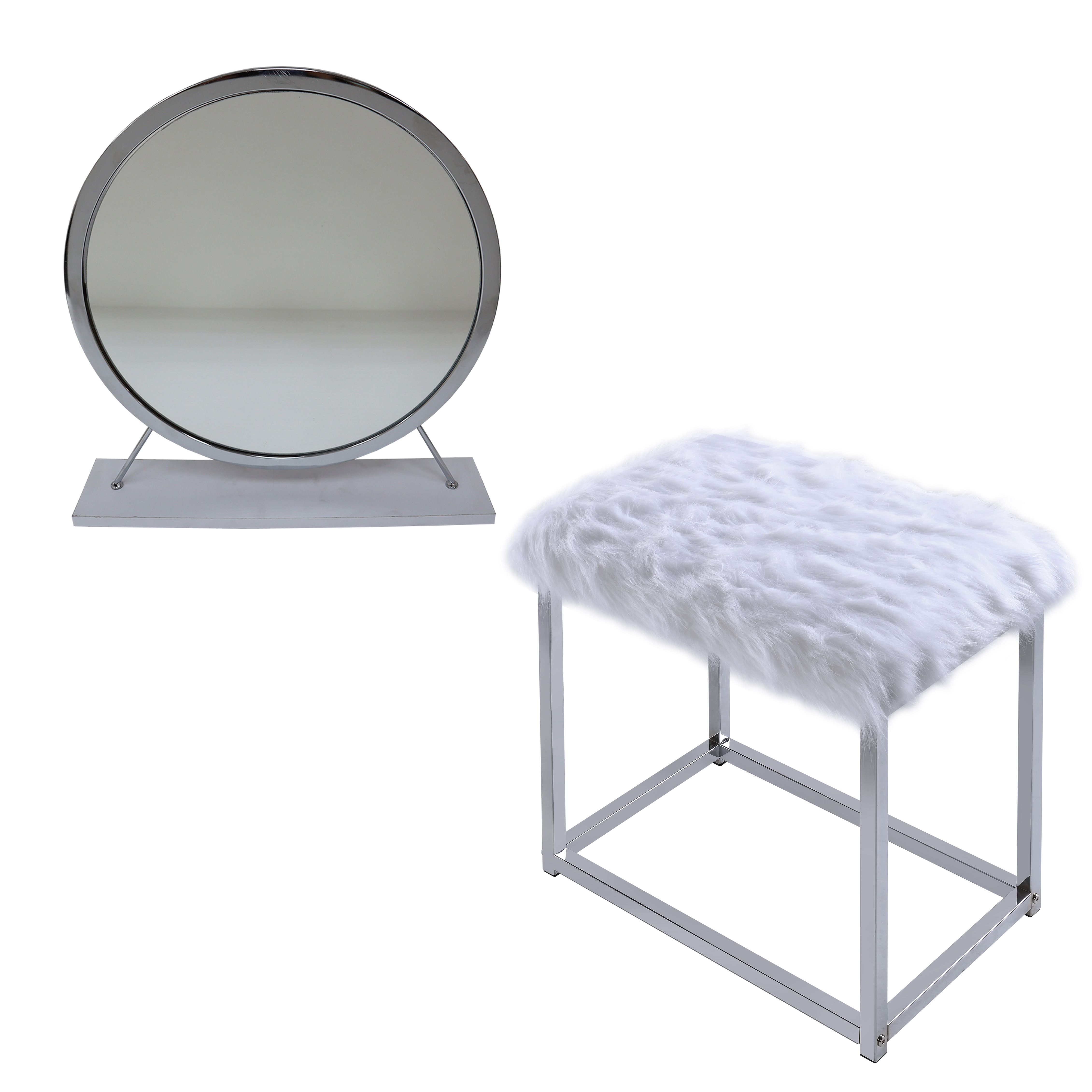 ACME Adao Vanity Mirror Stool, Faux Fur, Mirror, White Chrome Finish