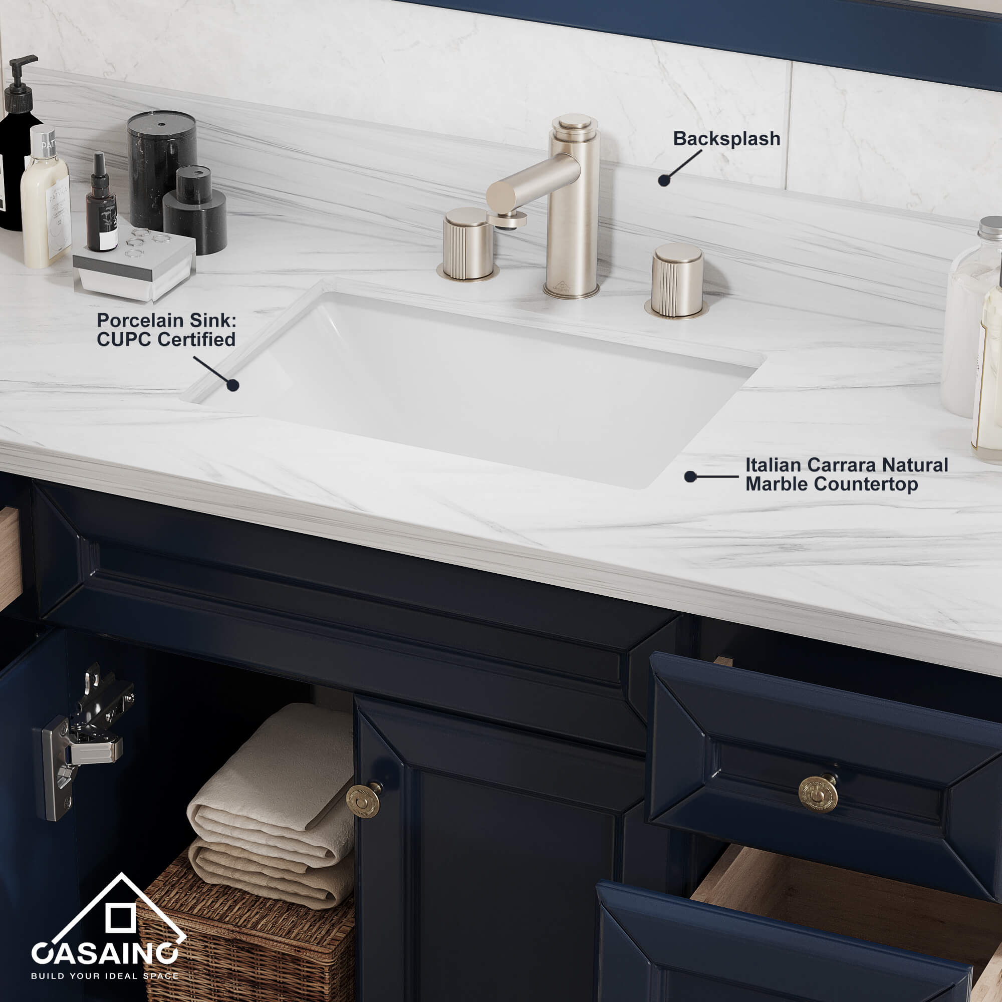 CASAINC 48 x 22 x 35.4 in. Solid Wood Navy Blue Bath Vanity with Carrara White Marble Countertop (No/With Mirror)