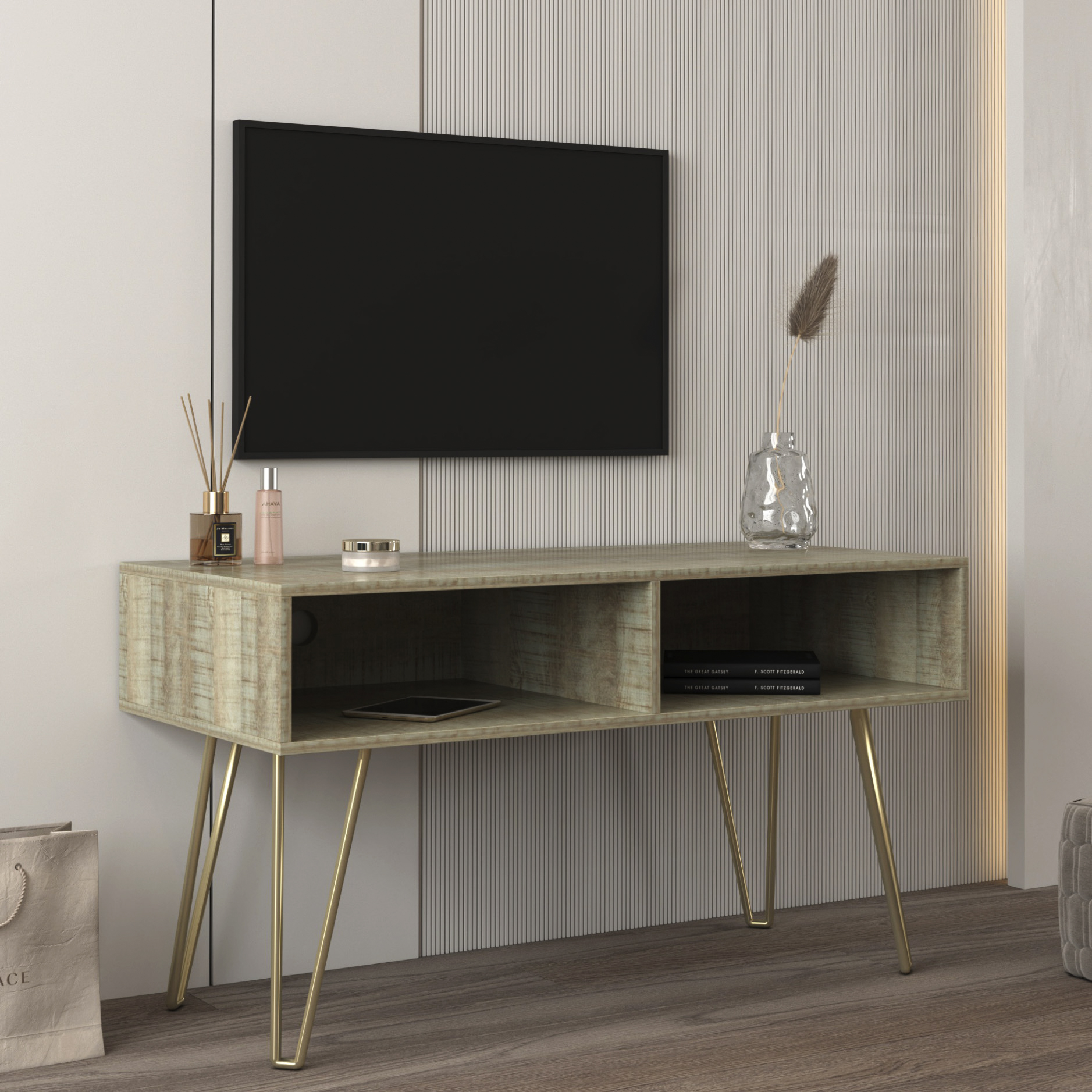Modern Design TV stand stable Metal Legs  with 2 open shelves to put TV, DVD, router, books, and small ornaments,Grey-CASAINC