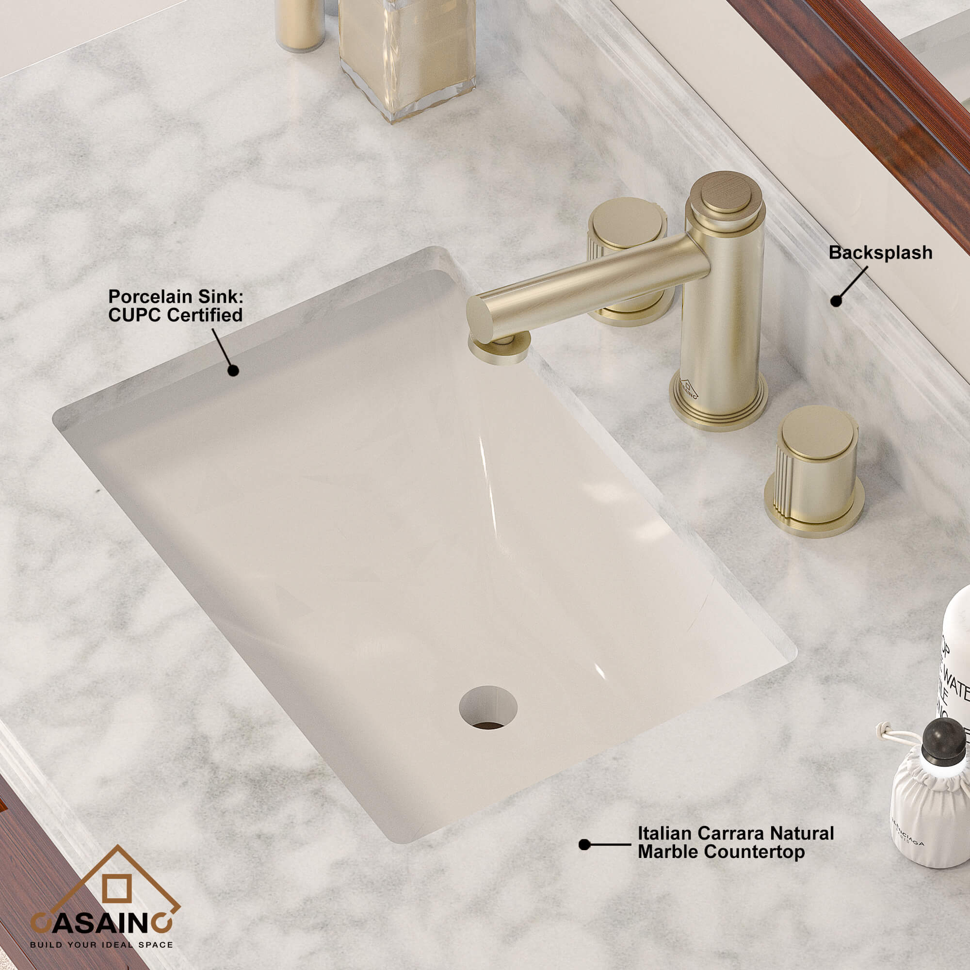 CASAINC 37" White Italian Carrara Natural Marble Single Sink Bathroom Vanity Top with Back & Side Splash