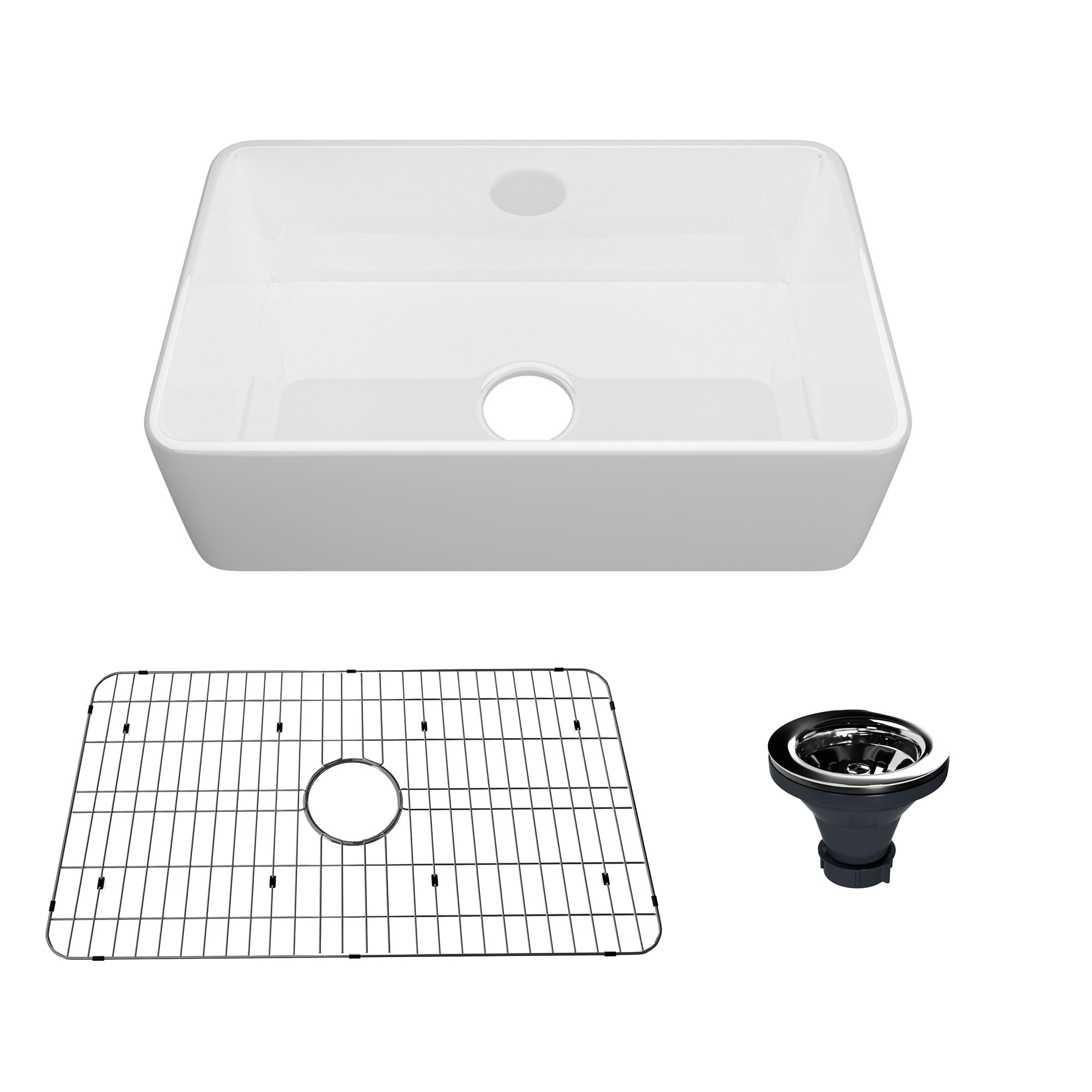 Fireclay 30 in. Single Bowl Farmhouse Apron Kitchen Sink with Bottom Grid and Strainers With cUPC Certified, in White Glossy/Matte Black