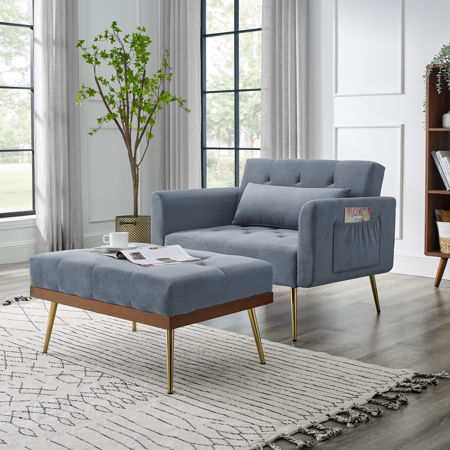 Recline Sofa Chair with Ottoman, Two Arm Pocket and Wood Frame include 1 Pillow, Grey (40.5&rdquo;x33&rdquo;x32&rdquo;)-CASAINC