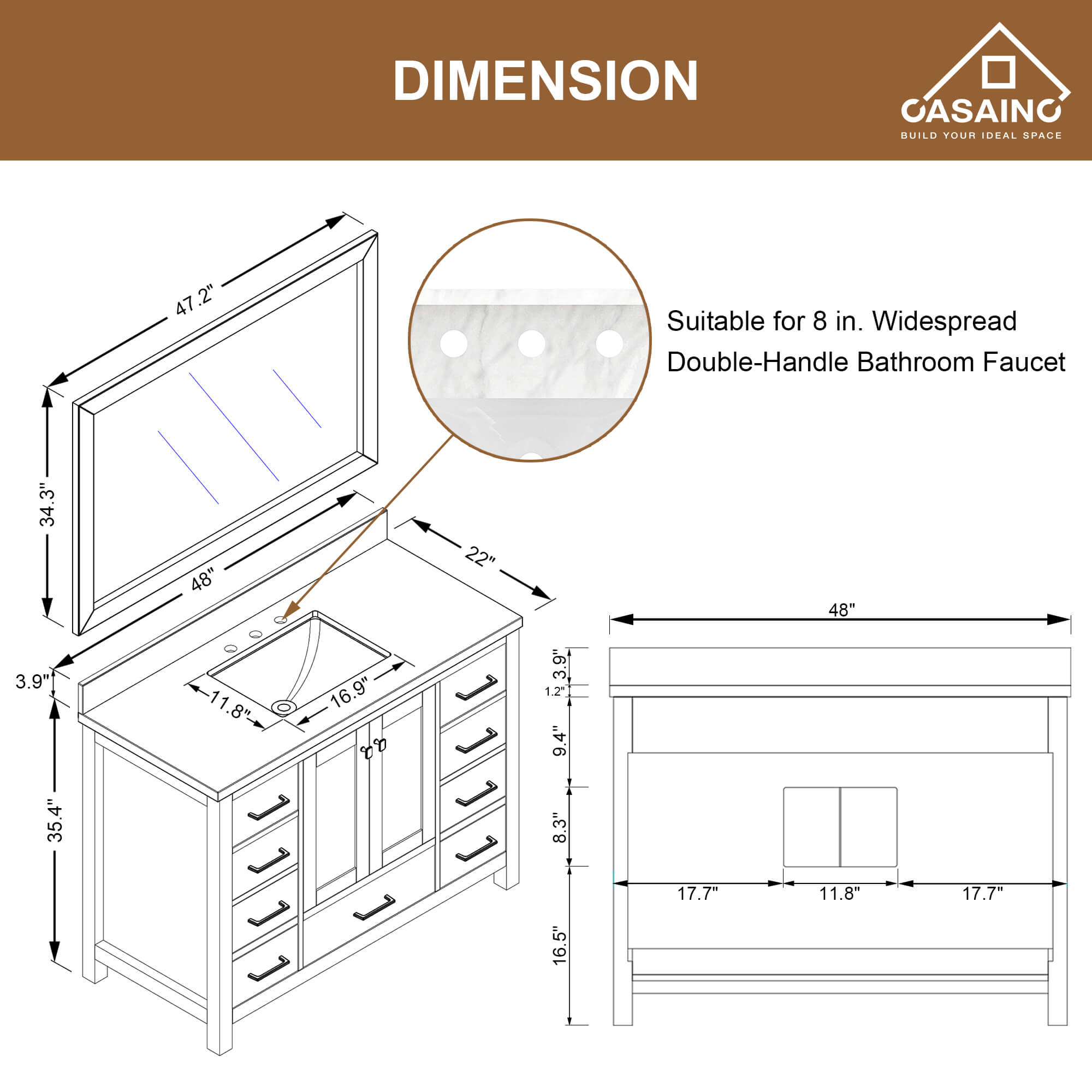 CASAINC 48 x 22 x 35.4 in. Solid Wood Navy Blue Bath Vanity with Carrara White Marble Countertop (No/With Mirror)