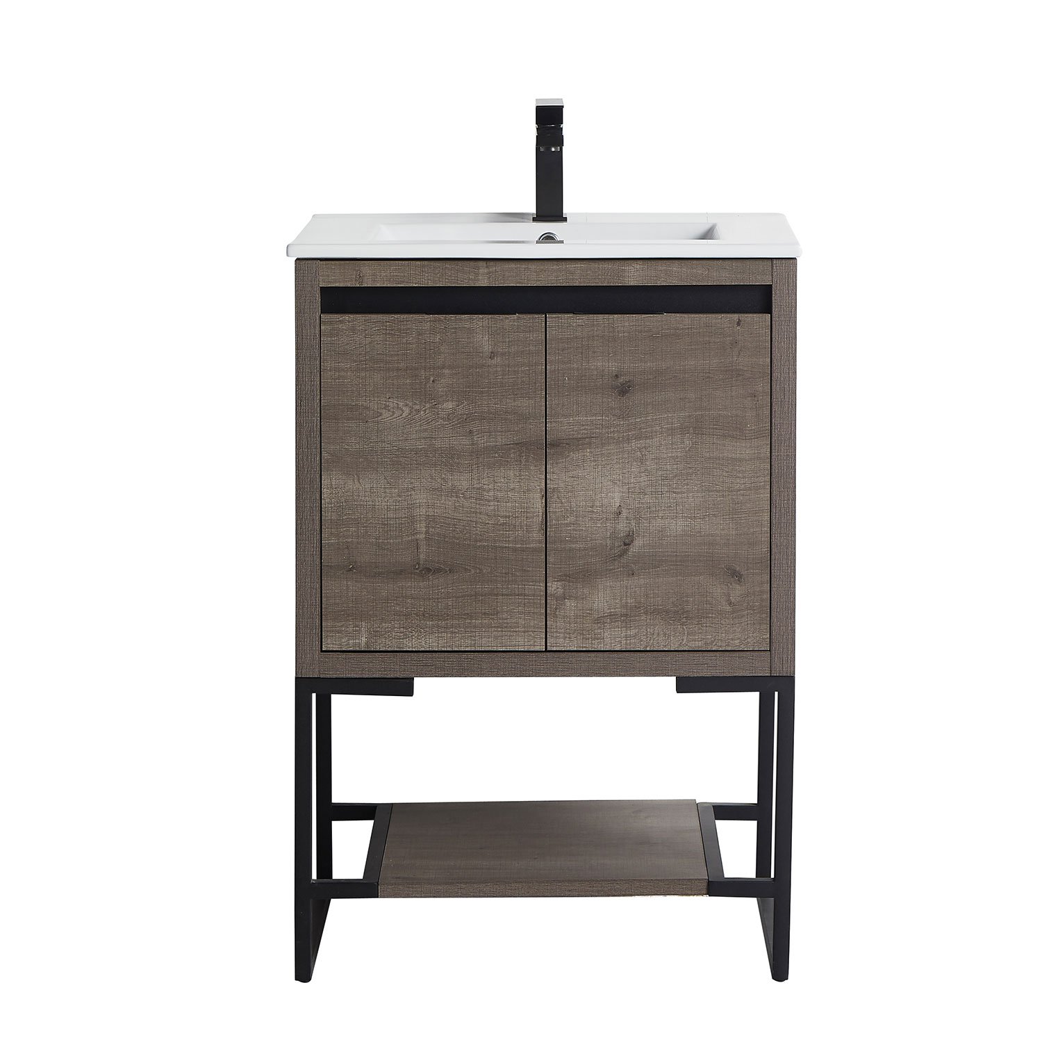 24 in. Freestanding Plaid Grey Oak Bathroom Vanity Cabinet with Ceramics Counter Top-CASAINC
