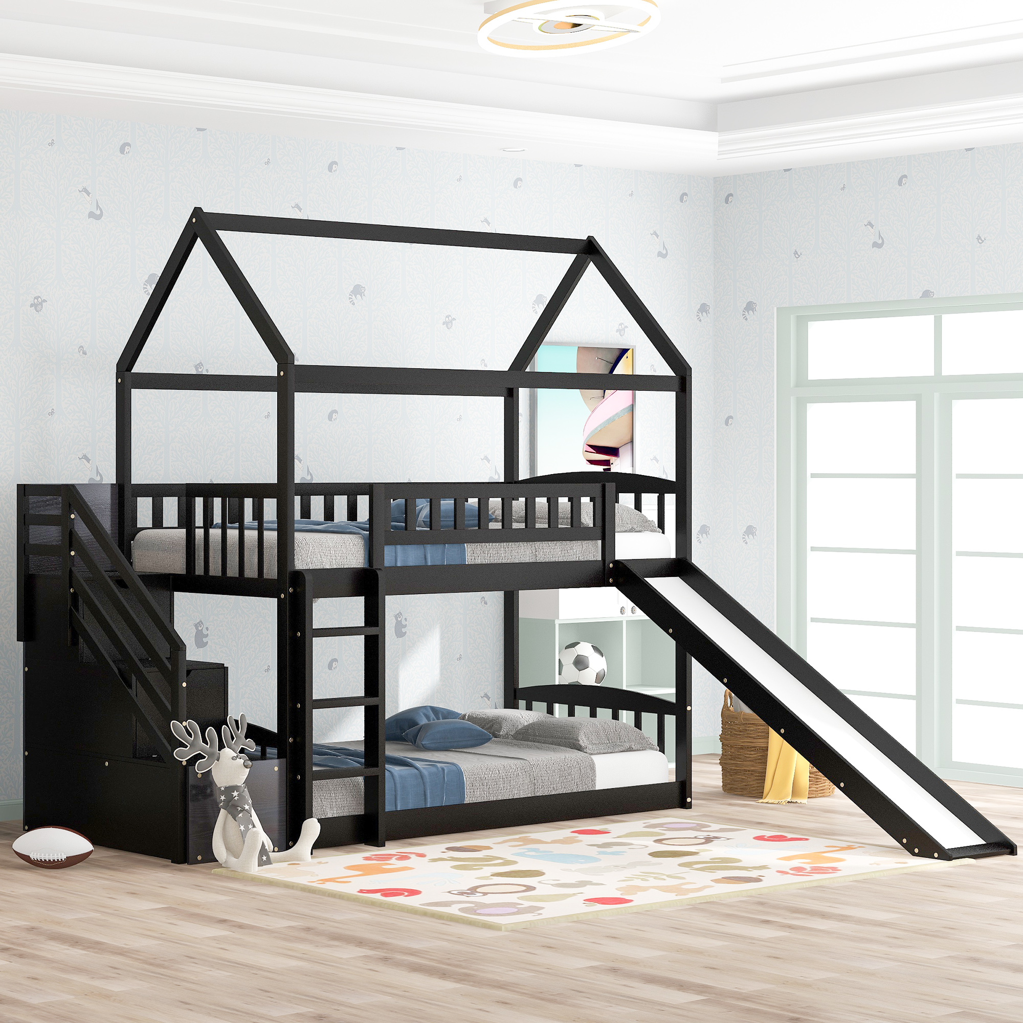 Twin Over Twin Bunk Bed with Drawers and Slide, House Bed with Slide,Espresso(OLD SKU :LP000215AAP)-CASAINC