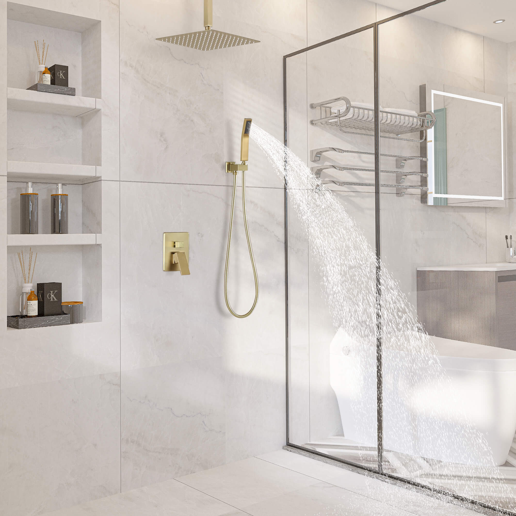 Casainc 2-Function Wall-Mounted/Ceiling-Mounted Shower System with Handheld Shower in Brushed Gold