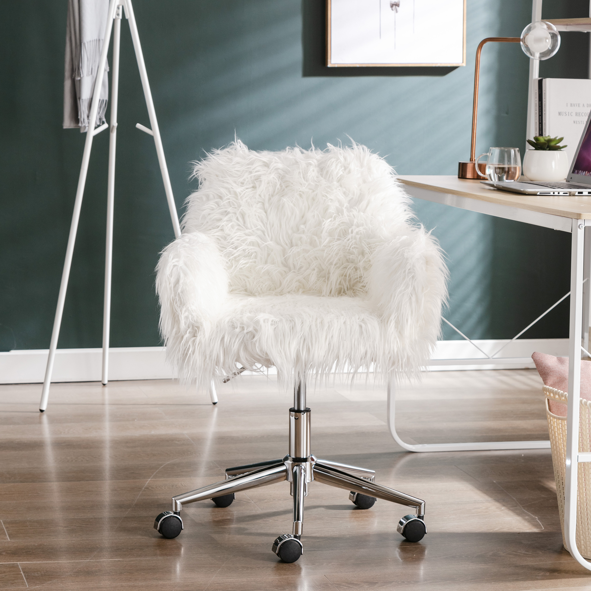 HengMing Modern Faux fur home office chair, fluffy chair for girls, makeup vanity Chair-CASAINC