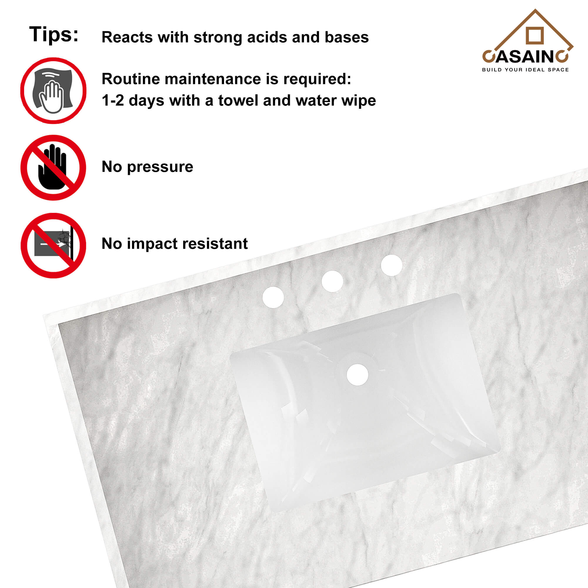 CASAINC 37" White Italian Carrara Natural Marble Single Sink Bathroom Vanity Top with Back & Side Splash