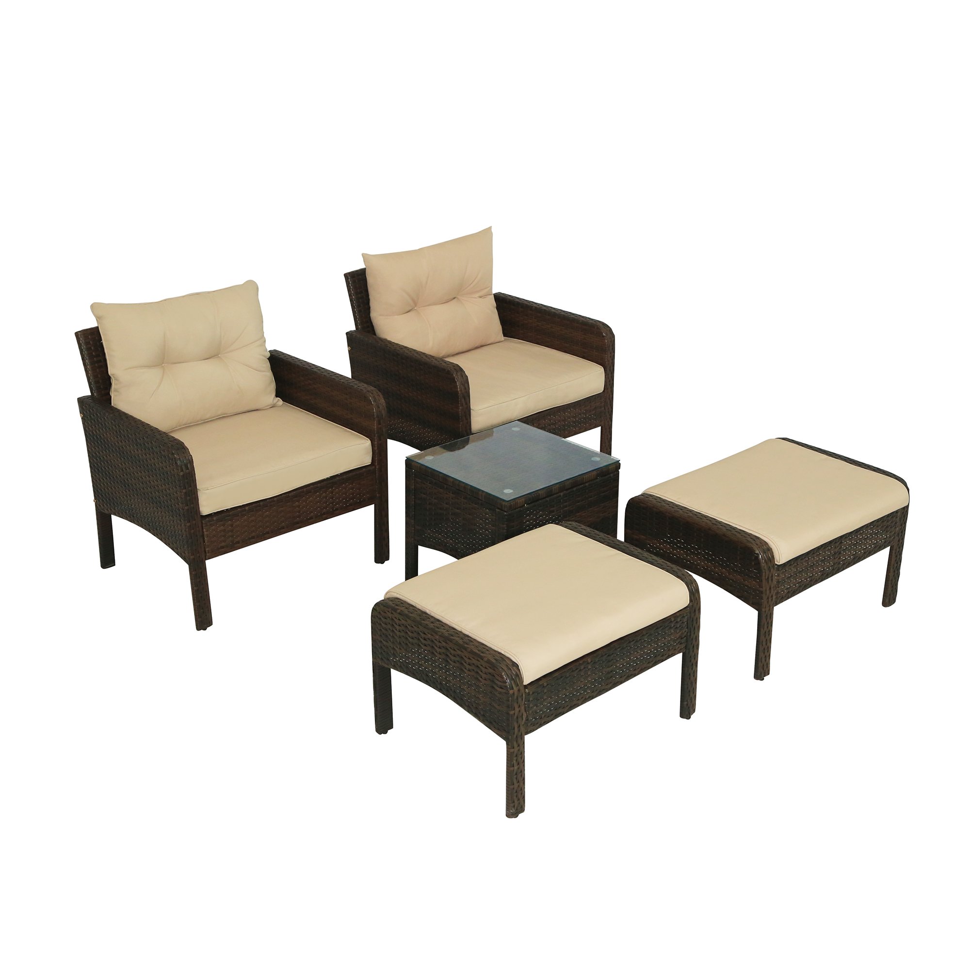 5-Piece PE Rattan Wicker Outdoor Patio Furniture Set with Glass Table-CASAINC
