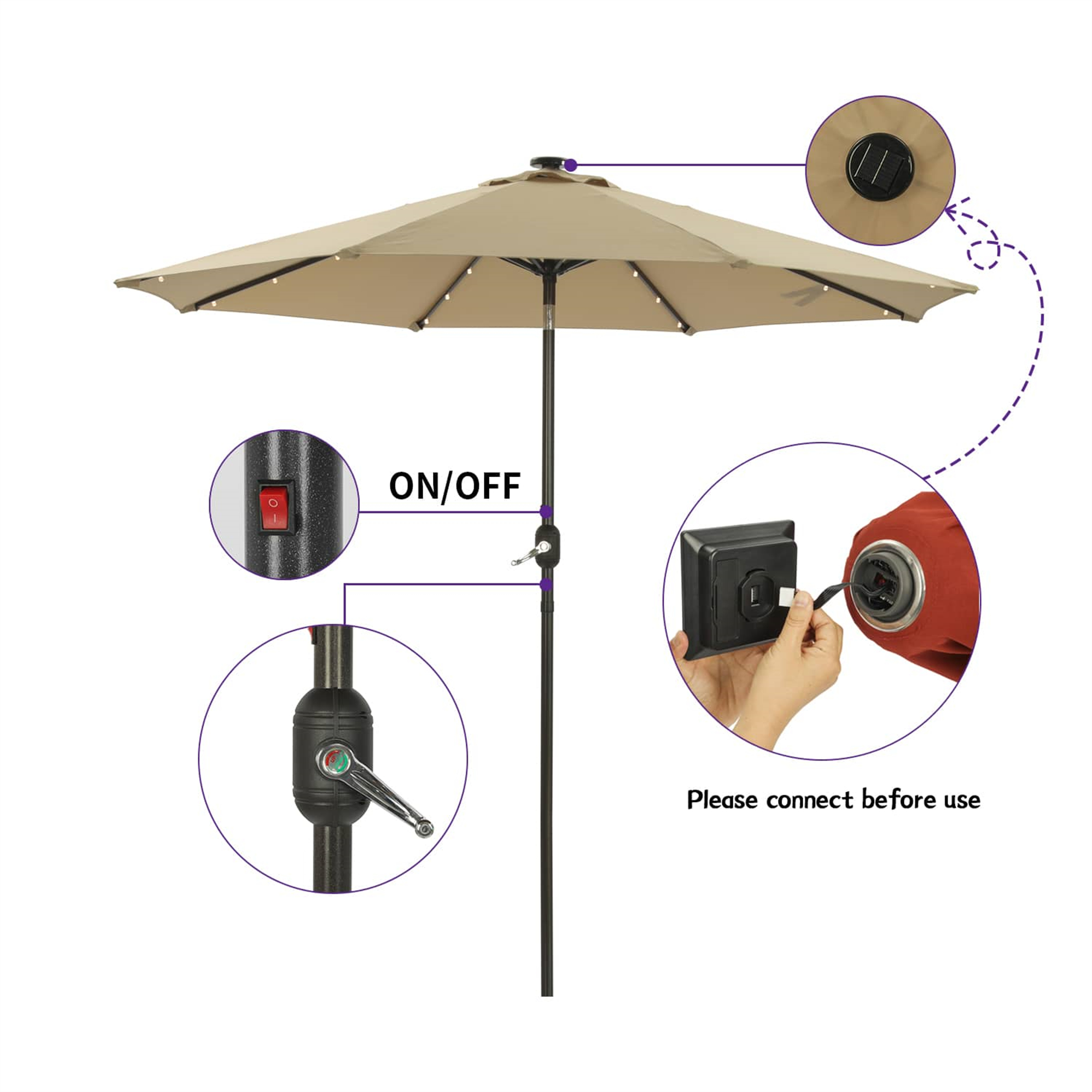 CASAINC 9Ft Patio Umbrella with 32 LED Solar Lights