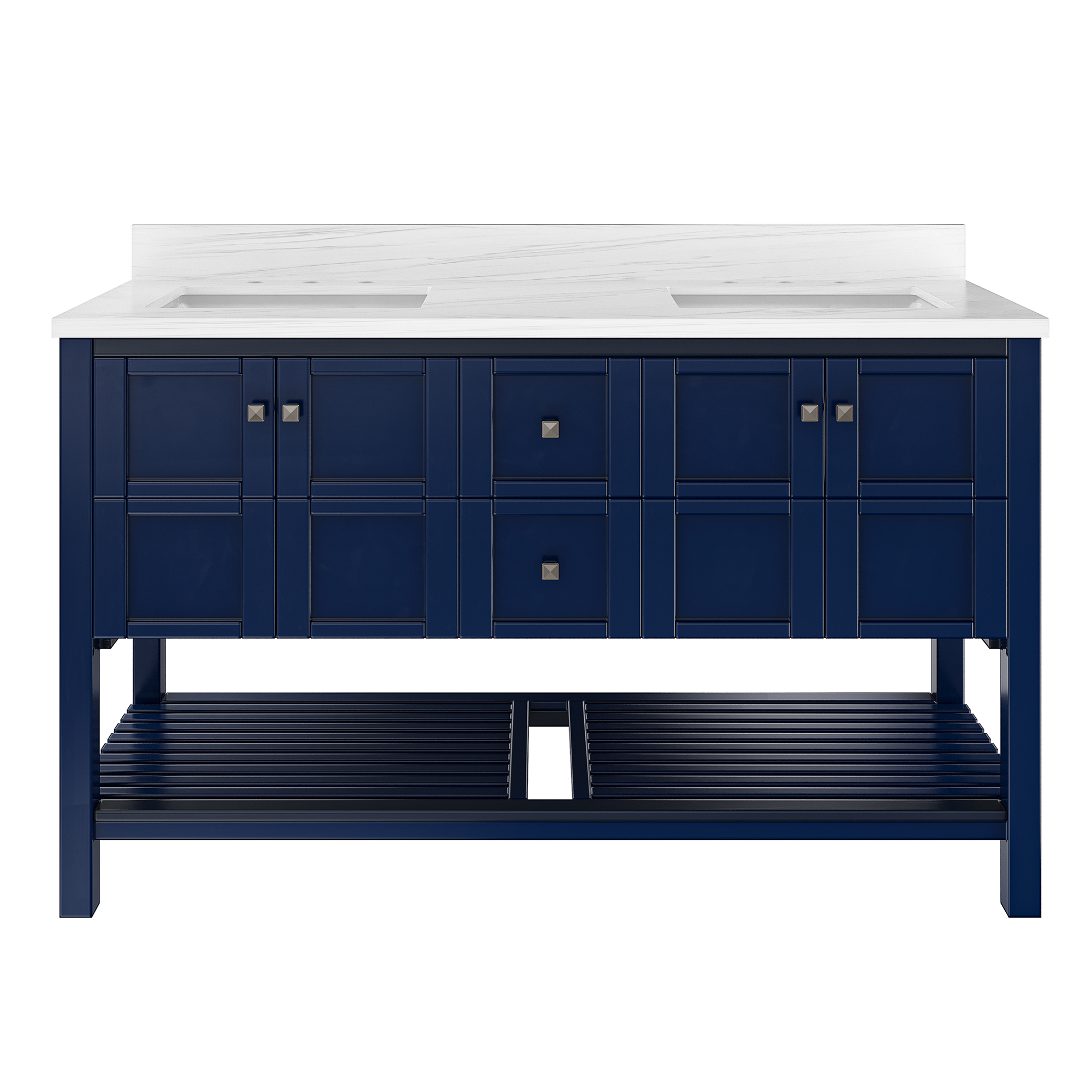 CASAINC Bathroom Vanity 60 x 22 x 35.4 in. with 1.2" Thickness Carrara  White Marble Countertop & backsplash, 2 Center Rectangular Sinks, Soft Closing Doors,  Dove Tail Drawers Construction, Soft Close Drawer Hinges, Navy Blue(No/With Mirror)