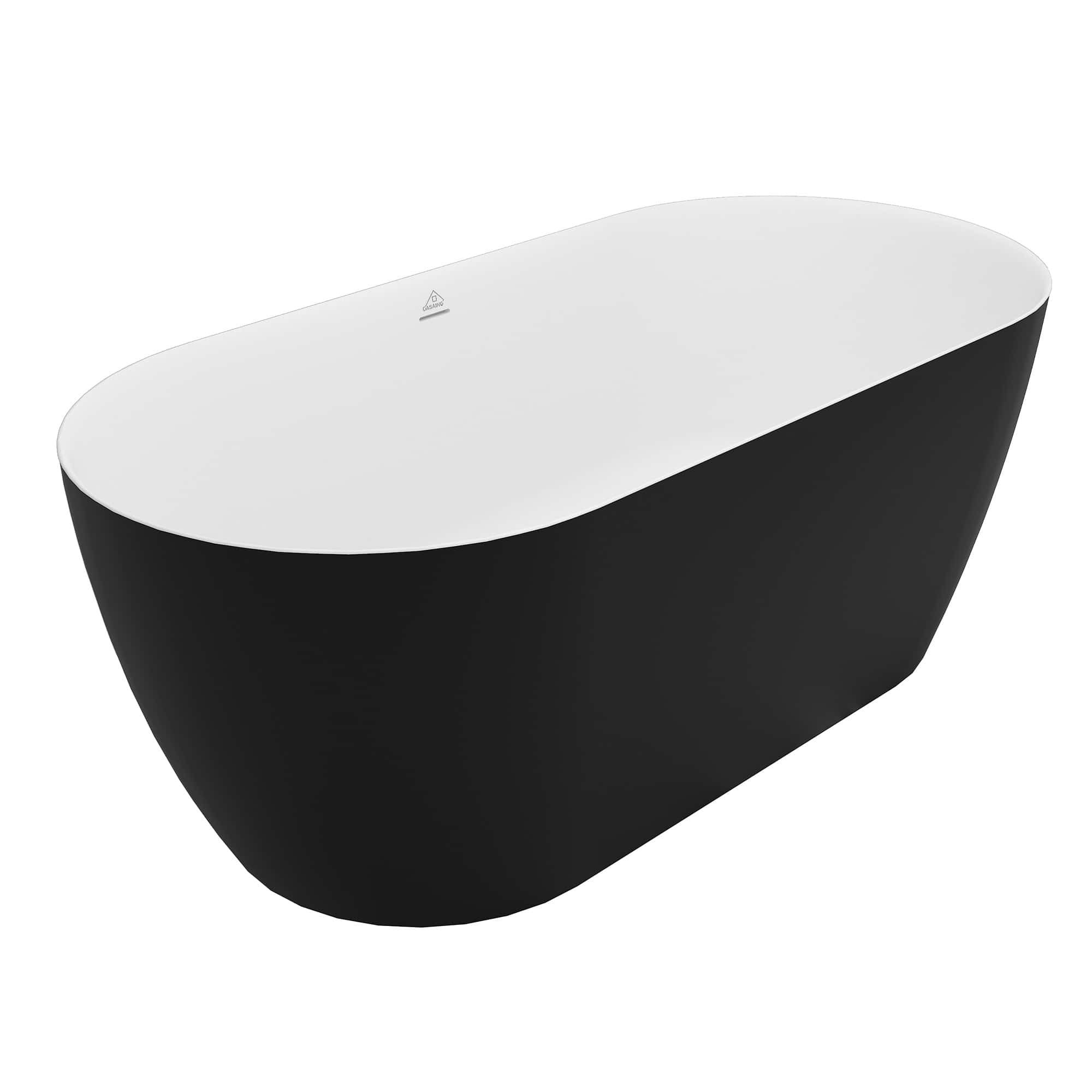  59/67 Inch Matte Black Outside and White Inside Freestanding Solid Surface Soaking Tub