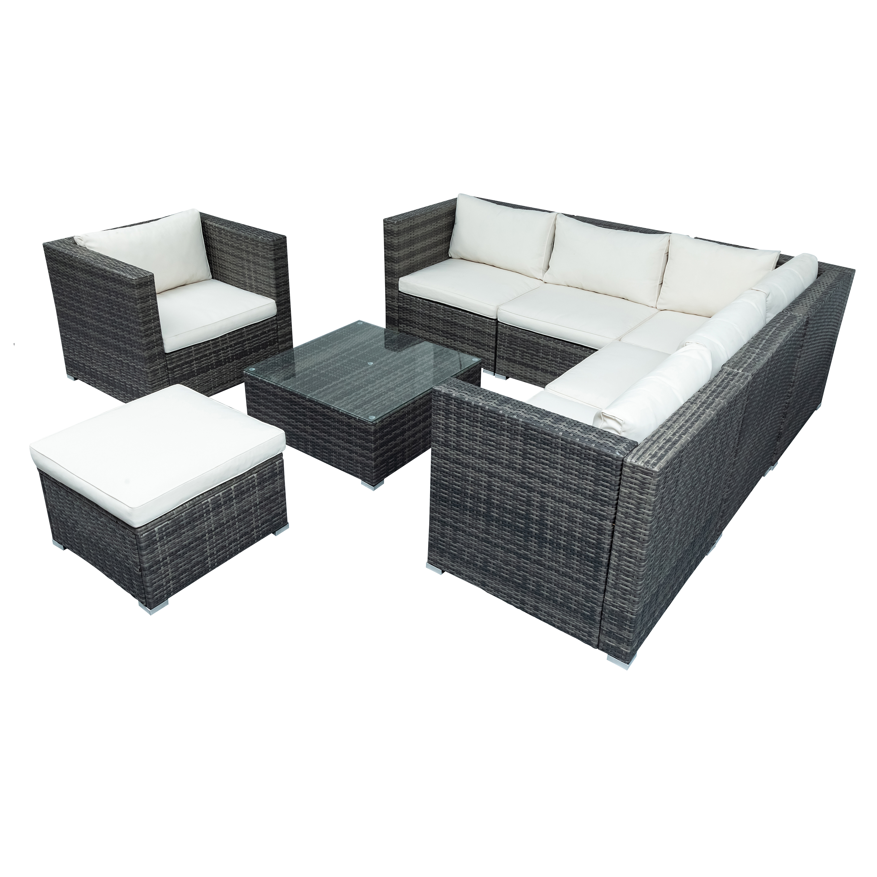 Patio Furniture Sets, 8-Piece Patio Wicker Corner Sofa with Cushions, Ottoman and Coffee Table-CASAINC