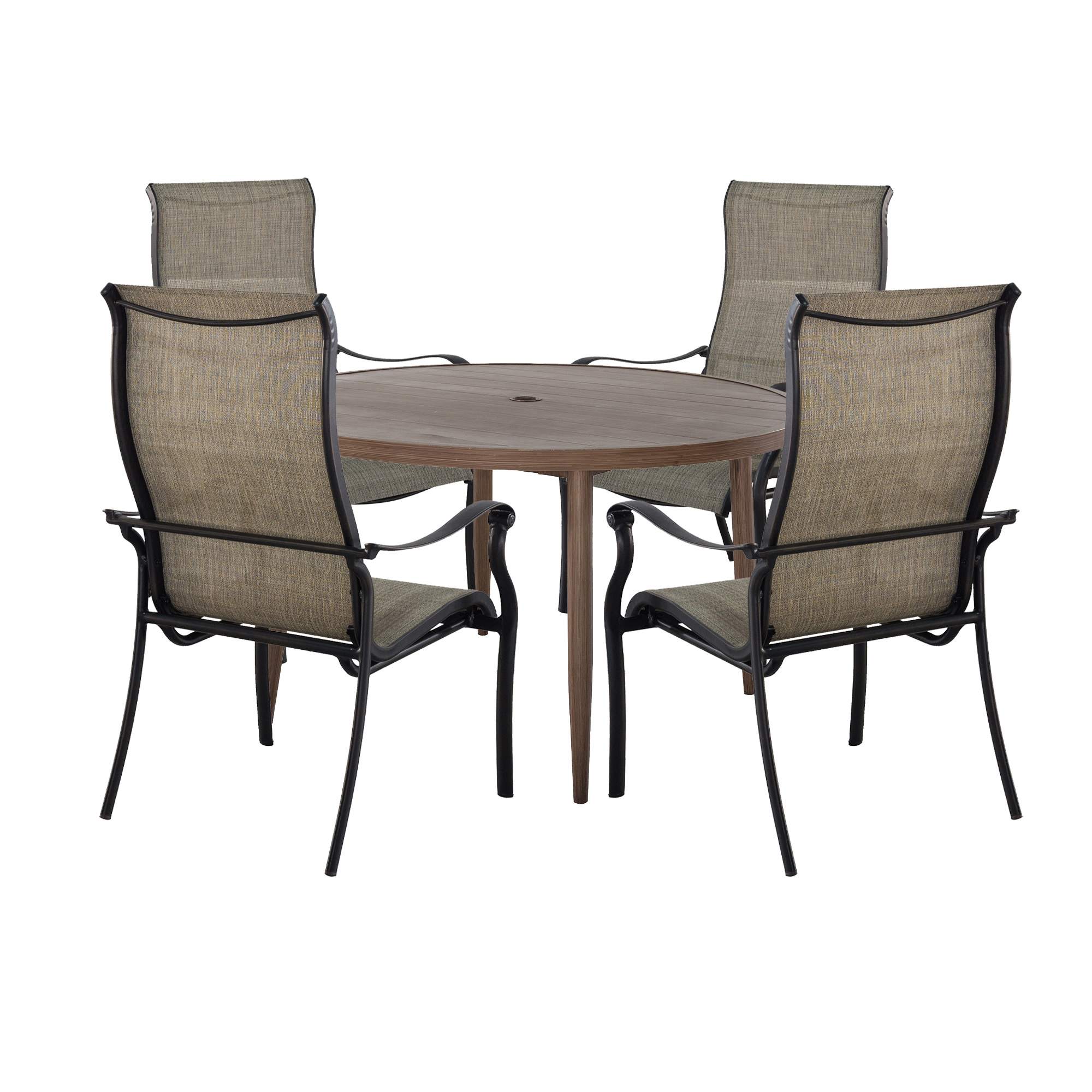 Cast Aluminum 5-Piece Outdoor Patio Dining Set with Wood-Finished Round Table and Textilene Chairs