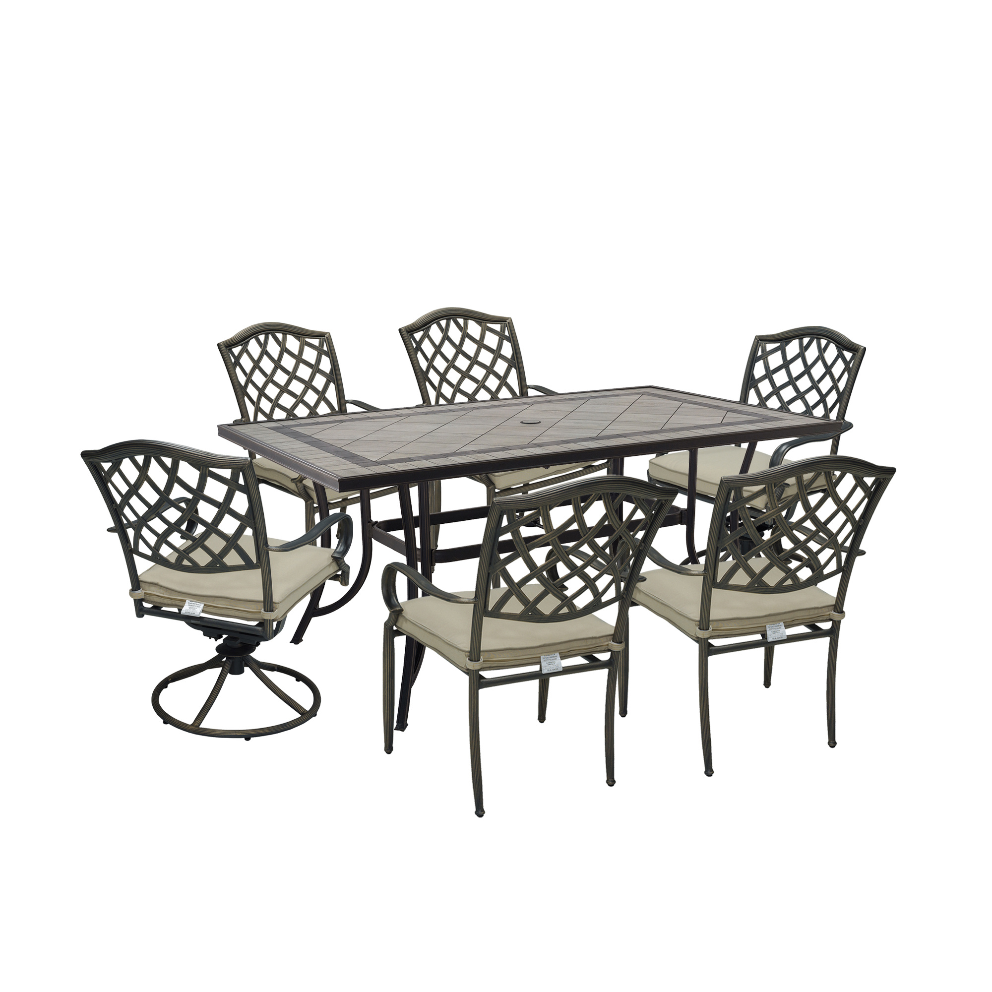 Cast Aluminum 7-Piece Outdoor Patio Dining Set with 67 inch W Table and Dining Chairs