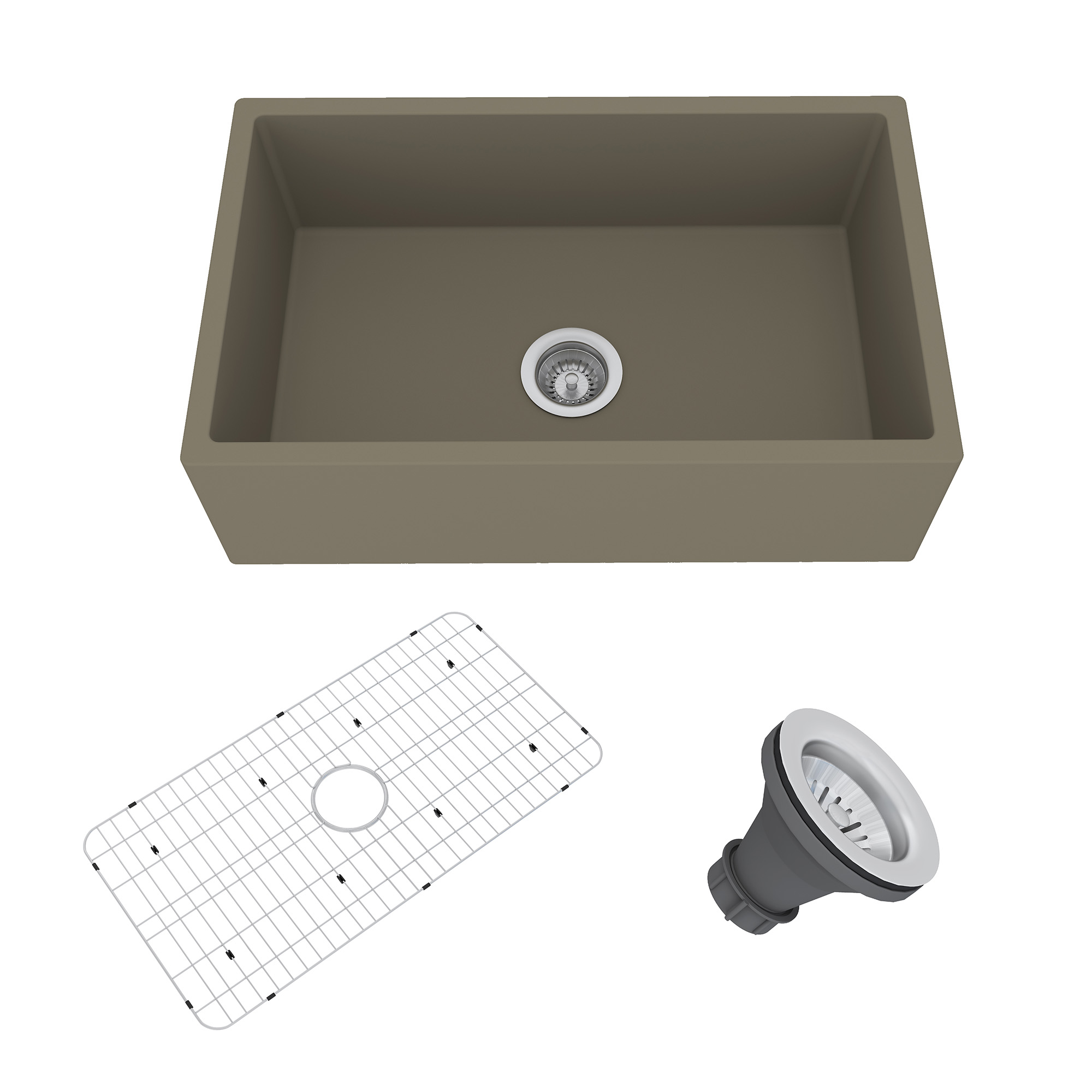 Concrete 30 in. Single Bowl Farmhouse Apron Kitchen Sink with Bottom Grid and Drainer Black Earth/Taupe Clay