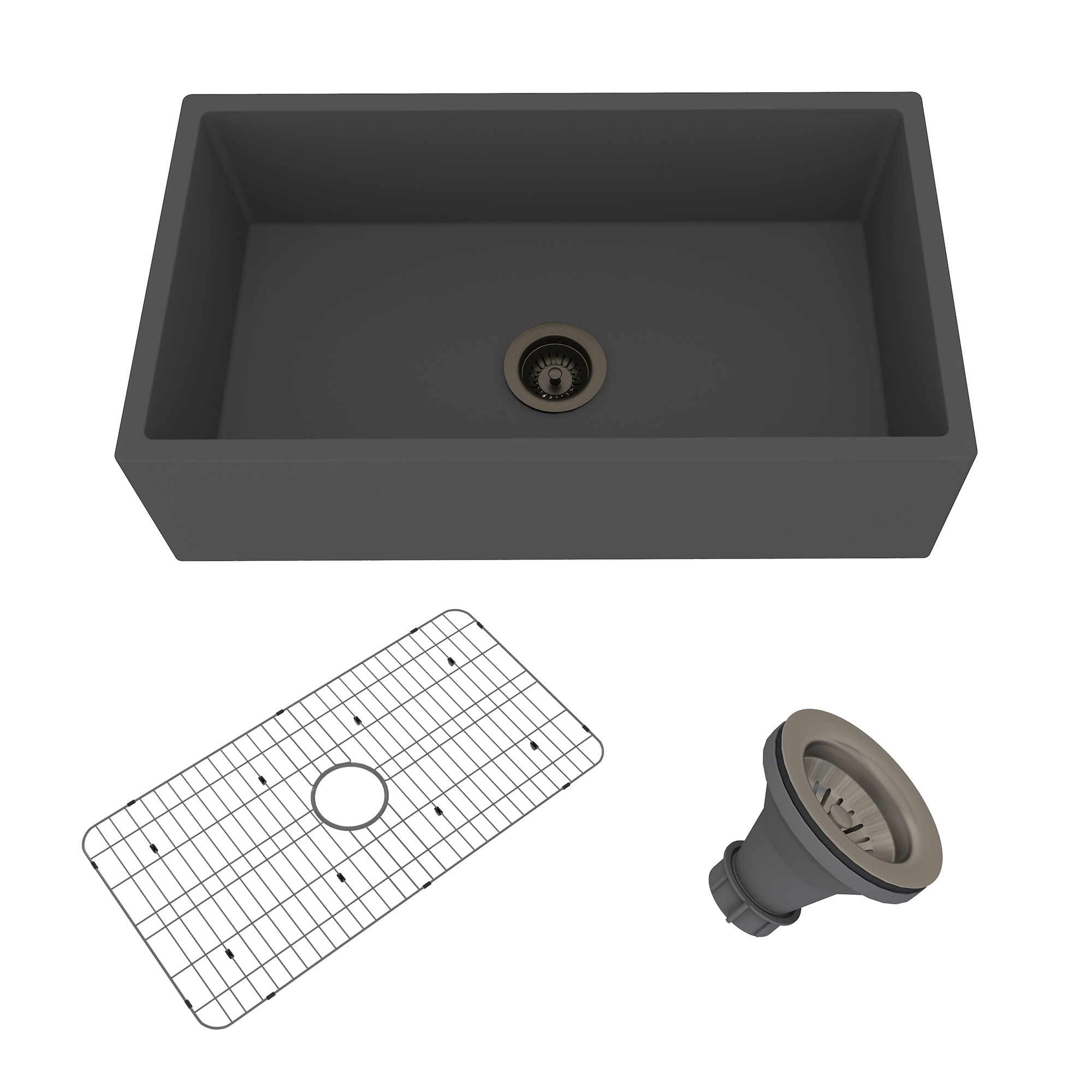 Concrete 33 in. Single Bowl Farmhouse Apron Kitchen Sink with Bottom Grid and Drainer Black Earth/Taupe Clay