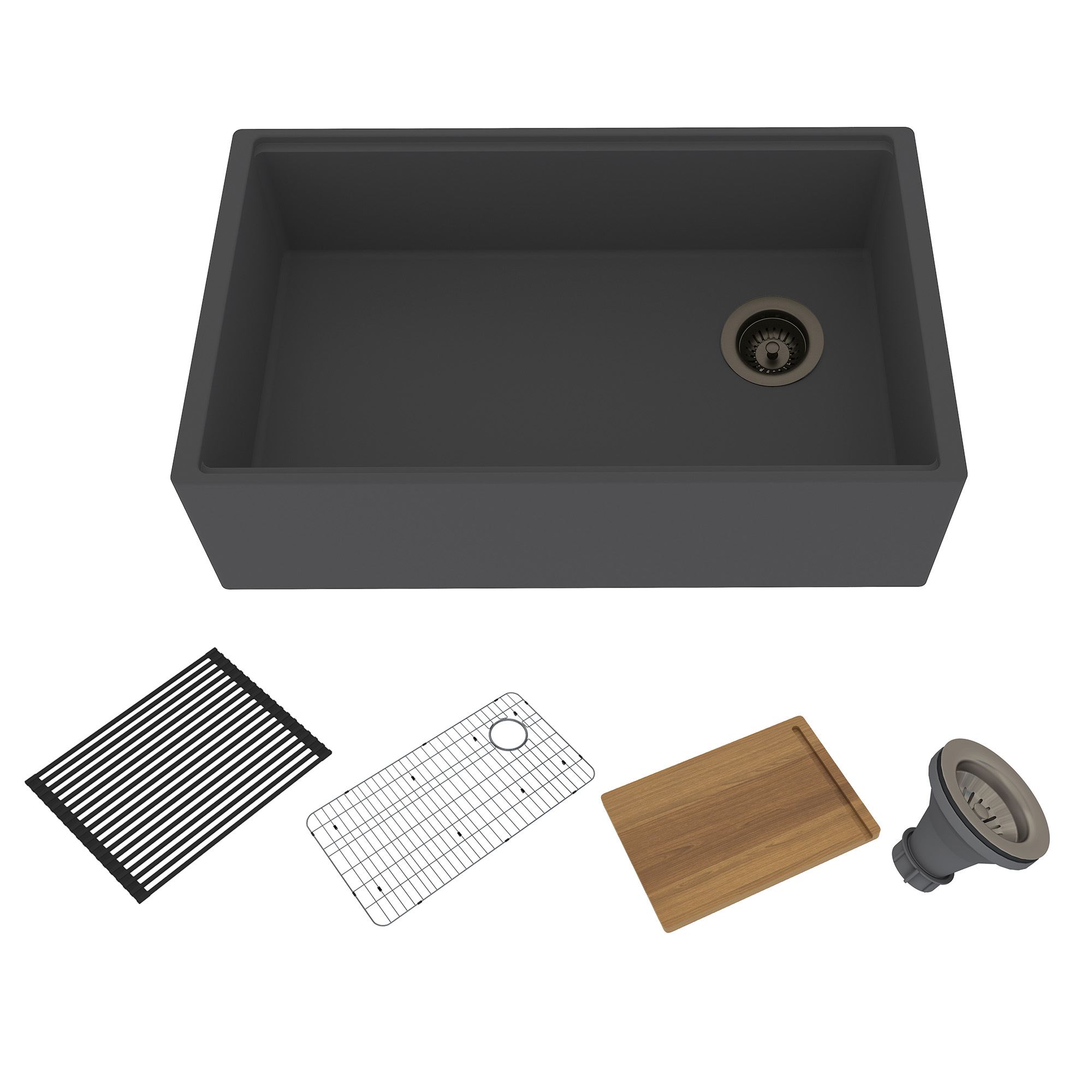 Concrete 30 in. Single Bowl Farmhouse Apron Kitchen Sink with Cutting Board, Rolling Drying Rack, Grid and Drainer Black Earth/Cold Concrete Grey