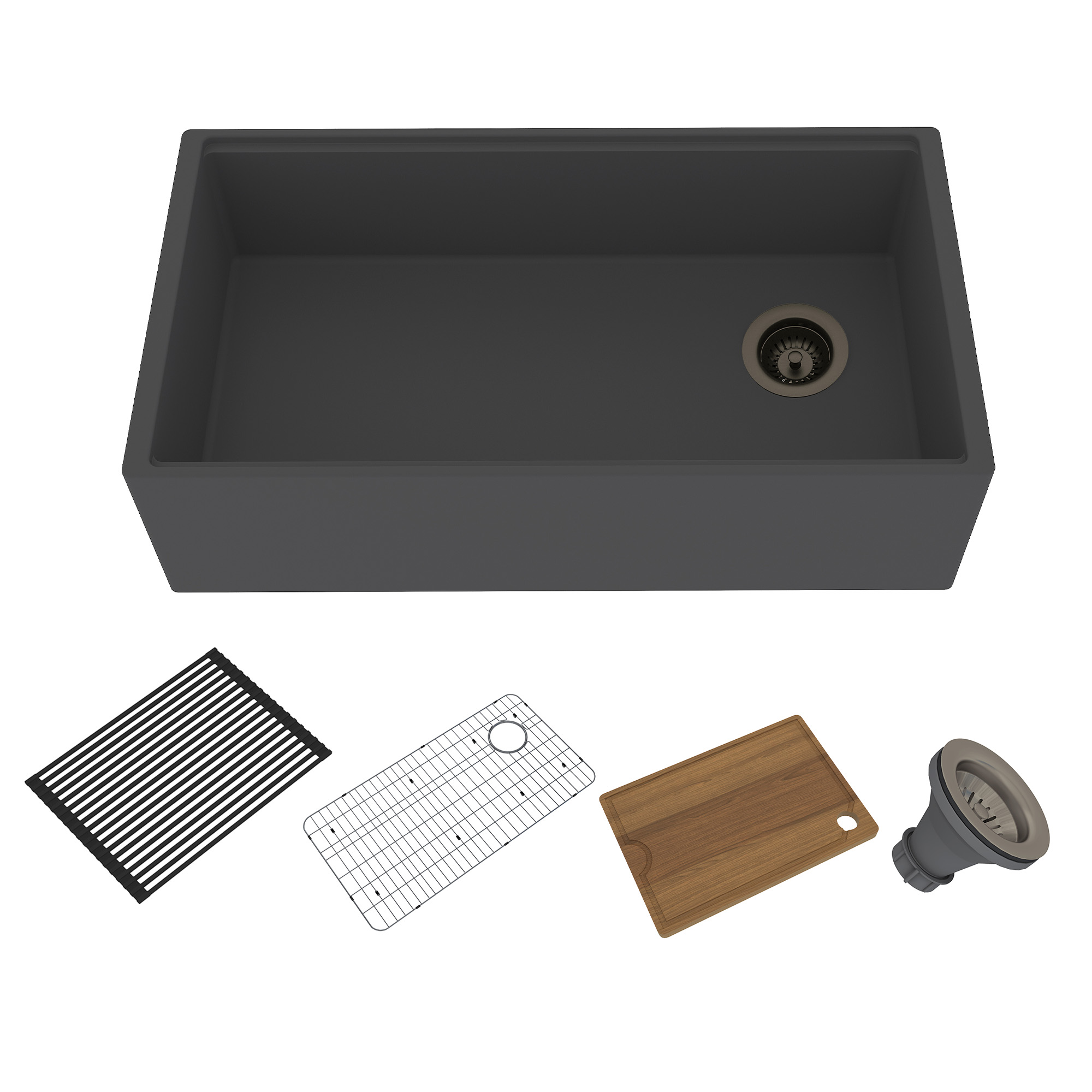 Concrete 33 in. Single Bowl Farmhouse Apron Kitchen Sink with Cutting Board, Rolling Drying Rack, Grid and Drainer Black Earth/Cold Concrete Grey