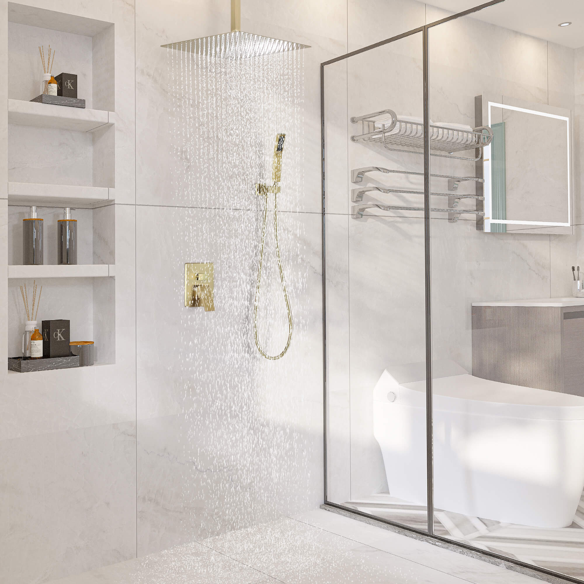 Casainc 2-Function Wall-Mounted/Ceiling-Mounted Shower System with Handheld Shower in Brushed Gold