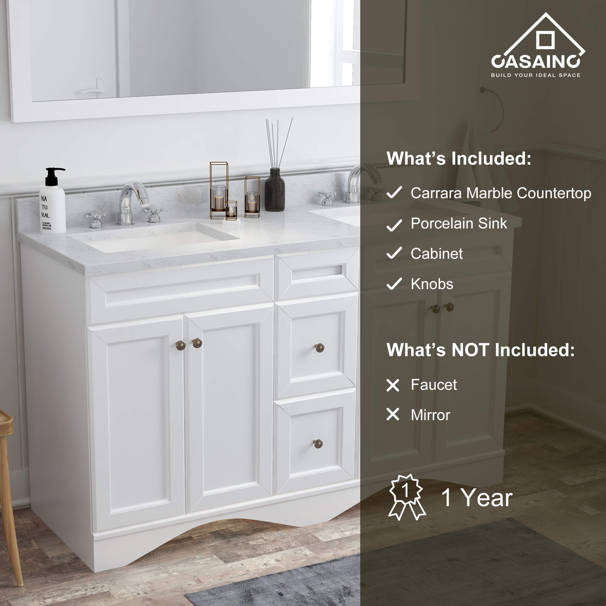 CASAINC 60 x 22 x 35.4 in. Solid Wood Bath Vanity with Marble Top and Backsplash in Gray/White (No/With Mirror)