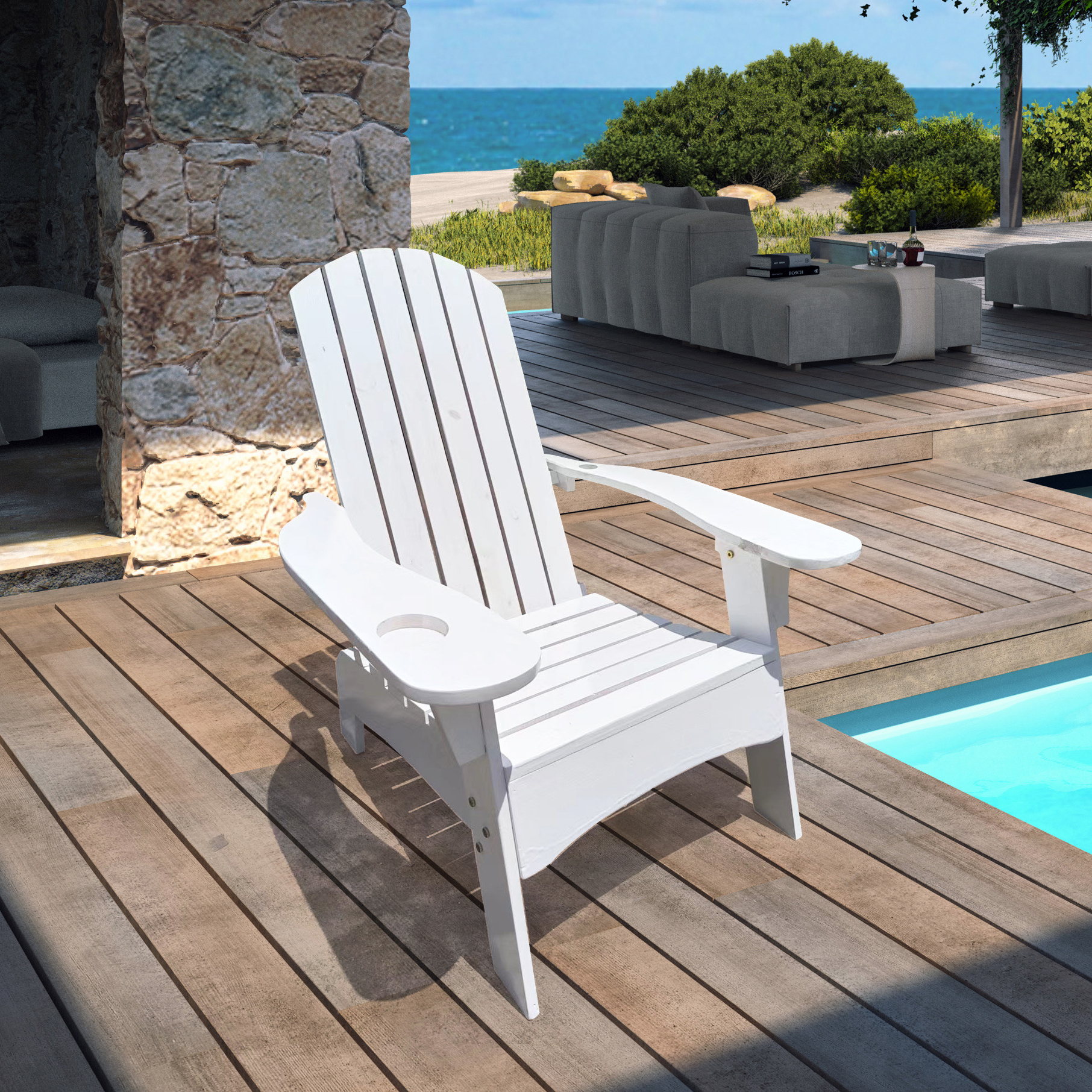 Outdoor or indoor Wood  Adirondack chair  with an hole to hold umbrella on the arm ,white-CASAINC