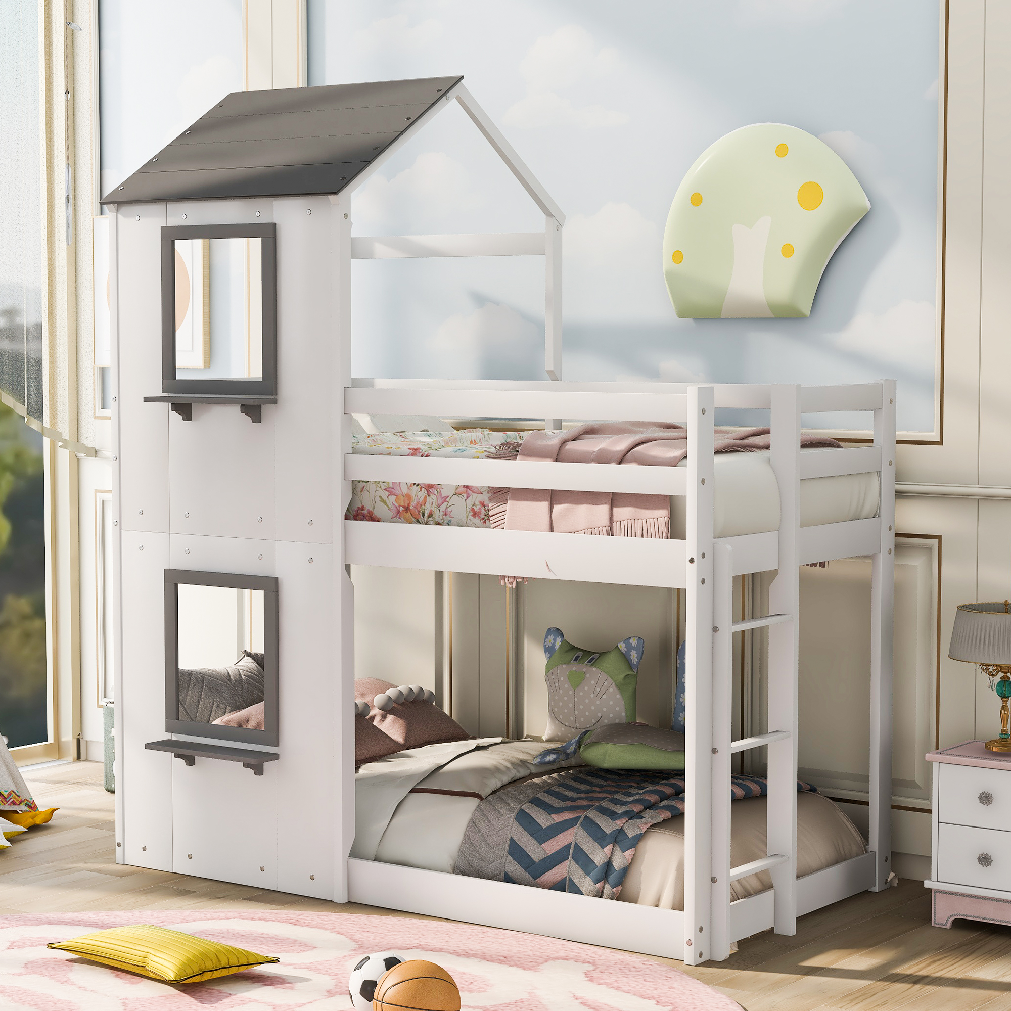 Twin Over Twin Bunk Bed Wood Bed with Roof, Window, Guardrail, Ladder (White)(OLD SKU :LP000056AAK)-CASAINC