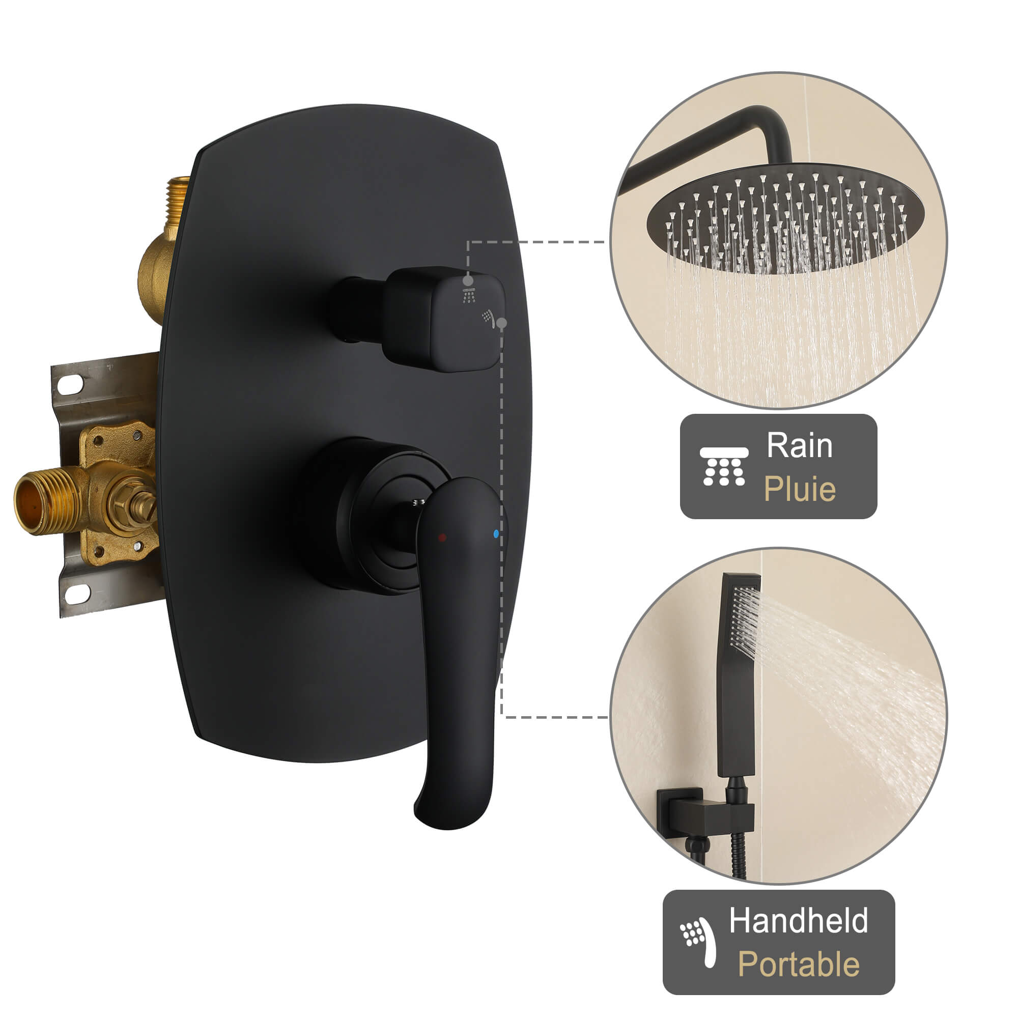Casainc Matte Black Round Built-in Shower System with Handheld Shower