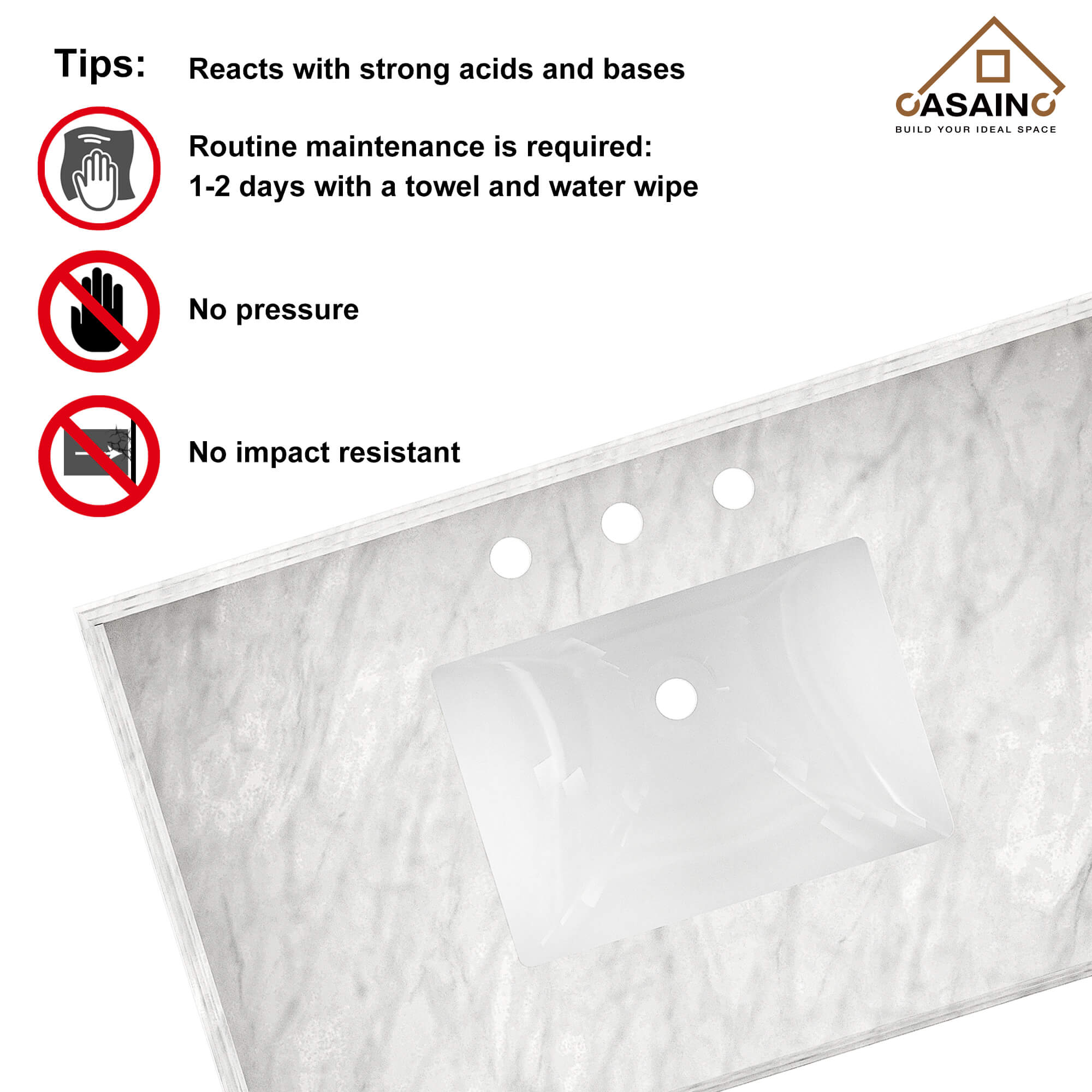 CASAINC 37" White Italian Carrara Natural Marble Single Sink Bathroom Vanity Top with Back & Side Splash