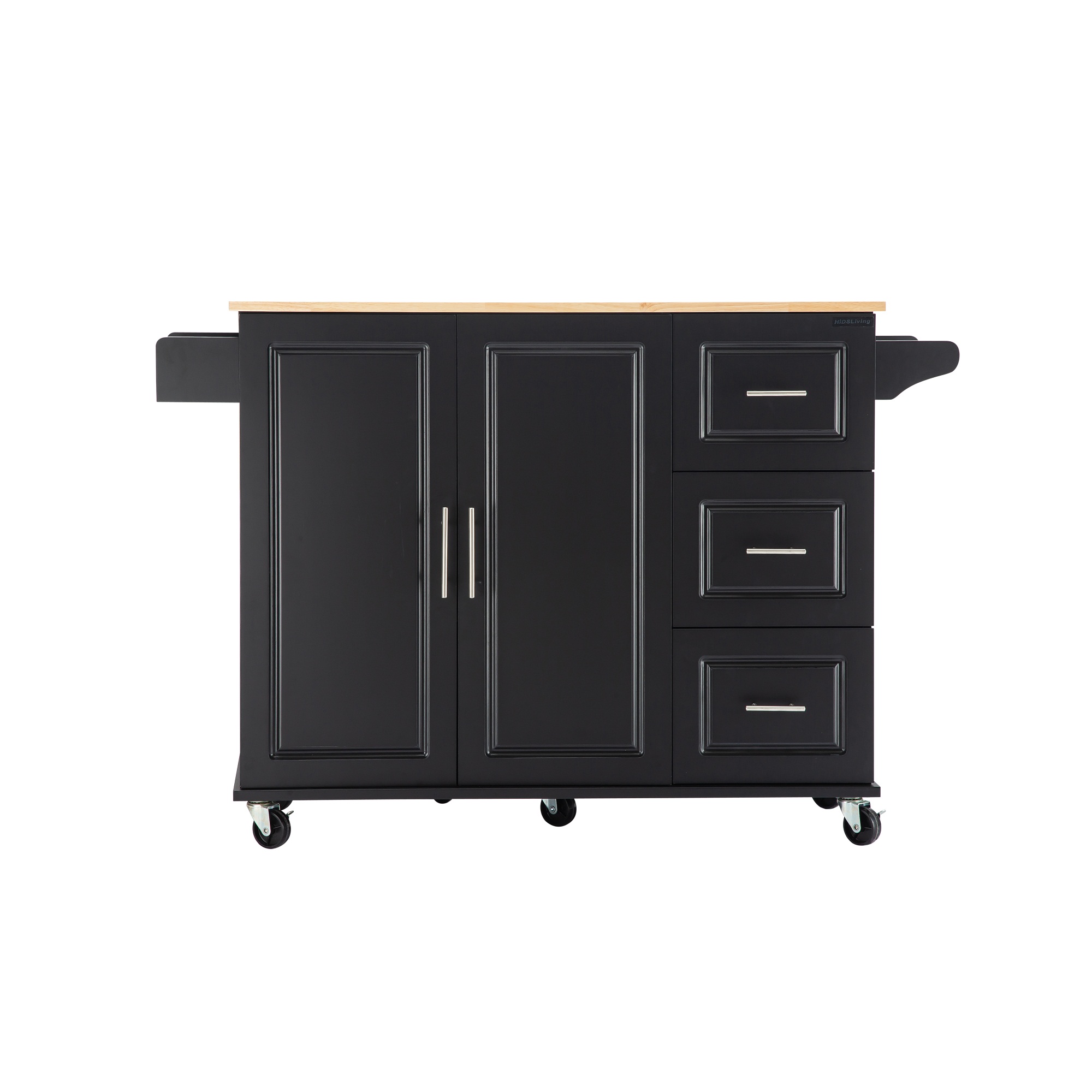 Kitchen Island  Kitchen Cart, \\nMobile Kitchen Island with Extensible Rubber Wood Table Top,\\nadjustable Shelf Inside Cabinet,\\n3 Big Drawers, with Spice Rack, Towel Rack, \\nBlack-Beech .-CASAINC