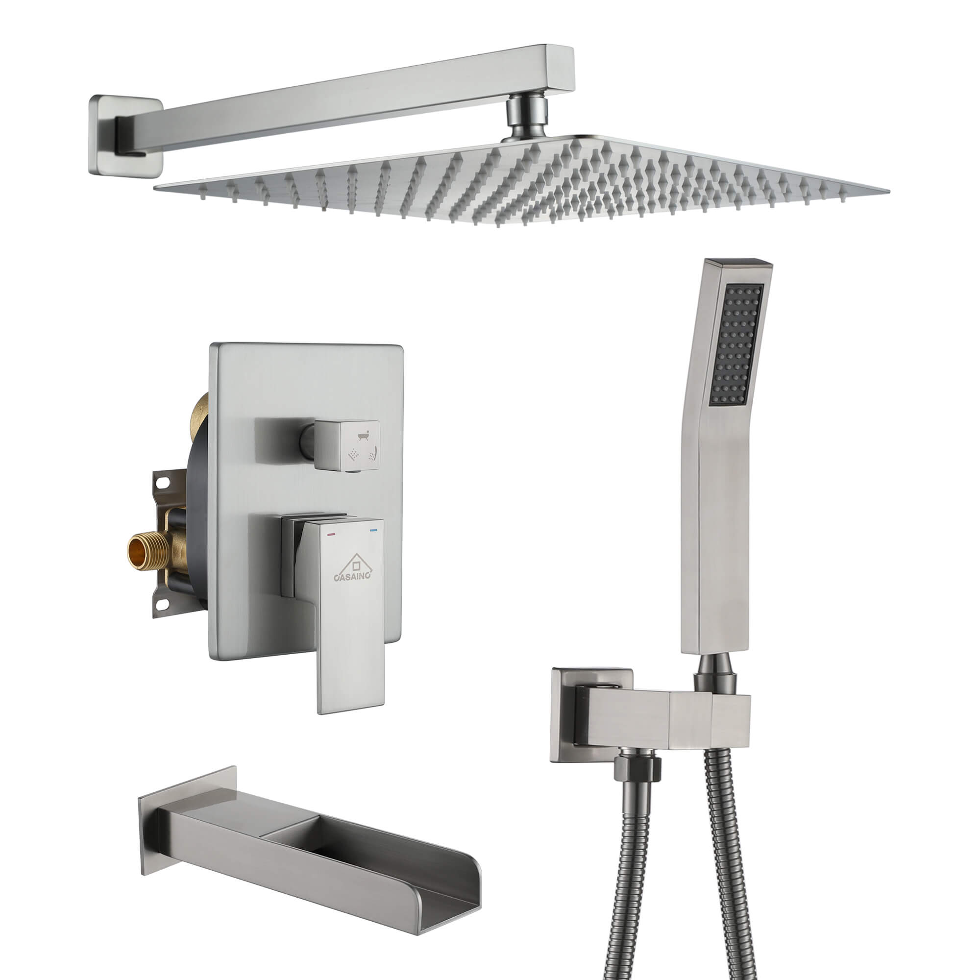 CASAINC Wall Mounted Shower System with Handheld Shower and Bathtub Faucet in Brushed Nickel