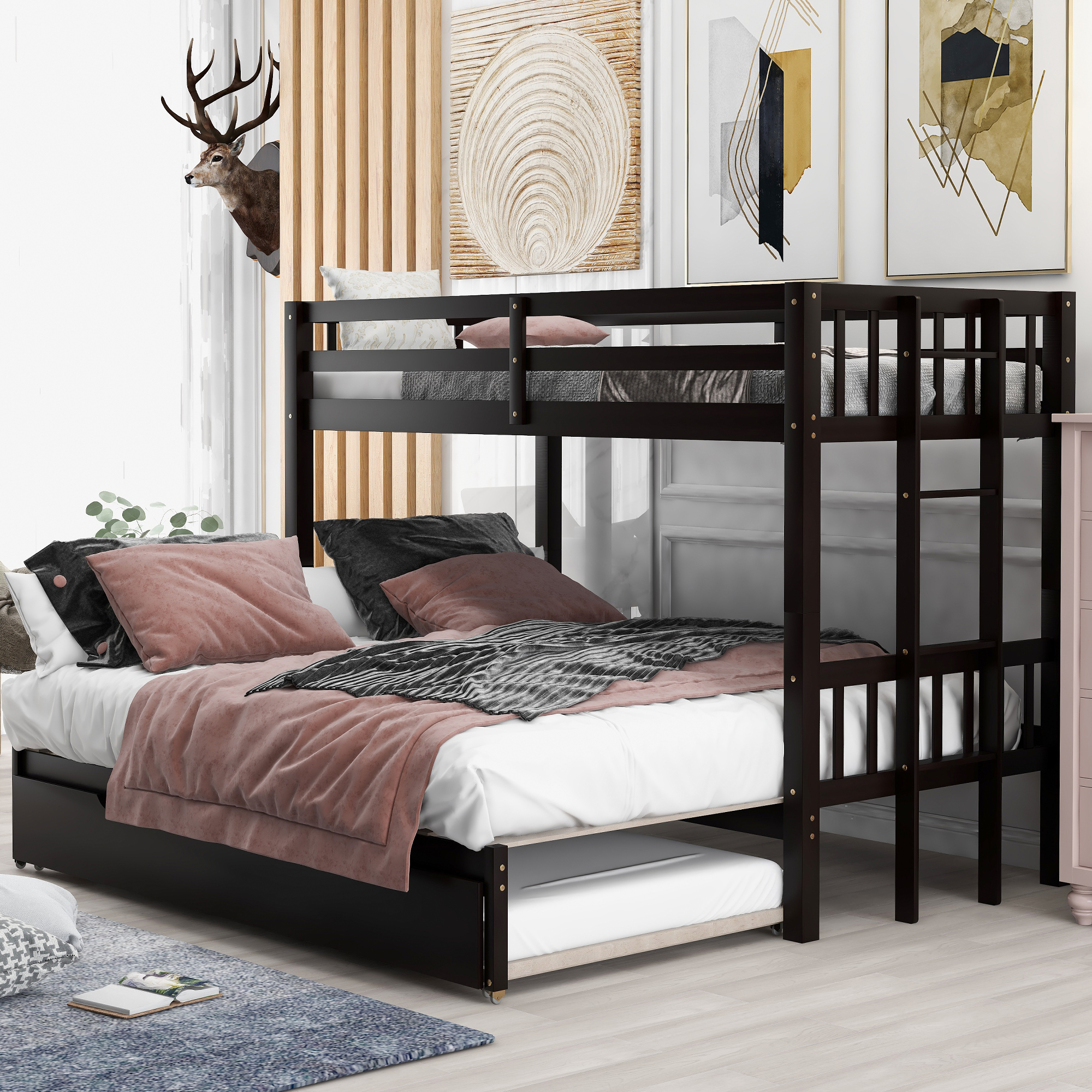 Twin over Pull-out Bunk Bed with Trundle, Espresso(Expected Arrival Time:3.5)-CASAINC