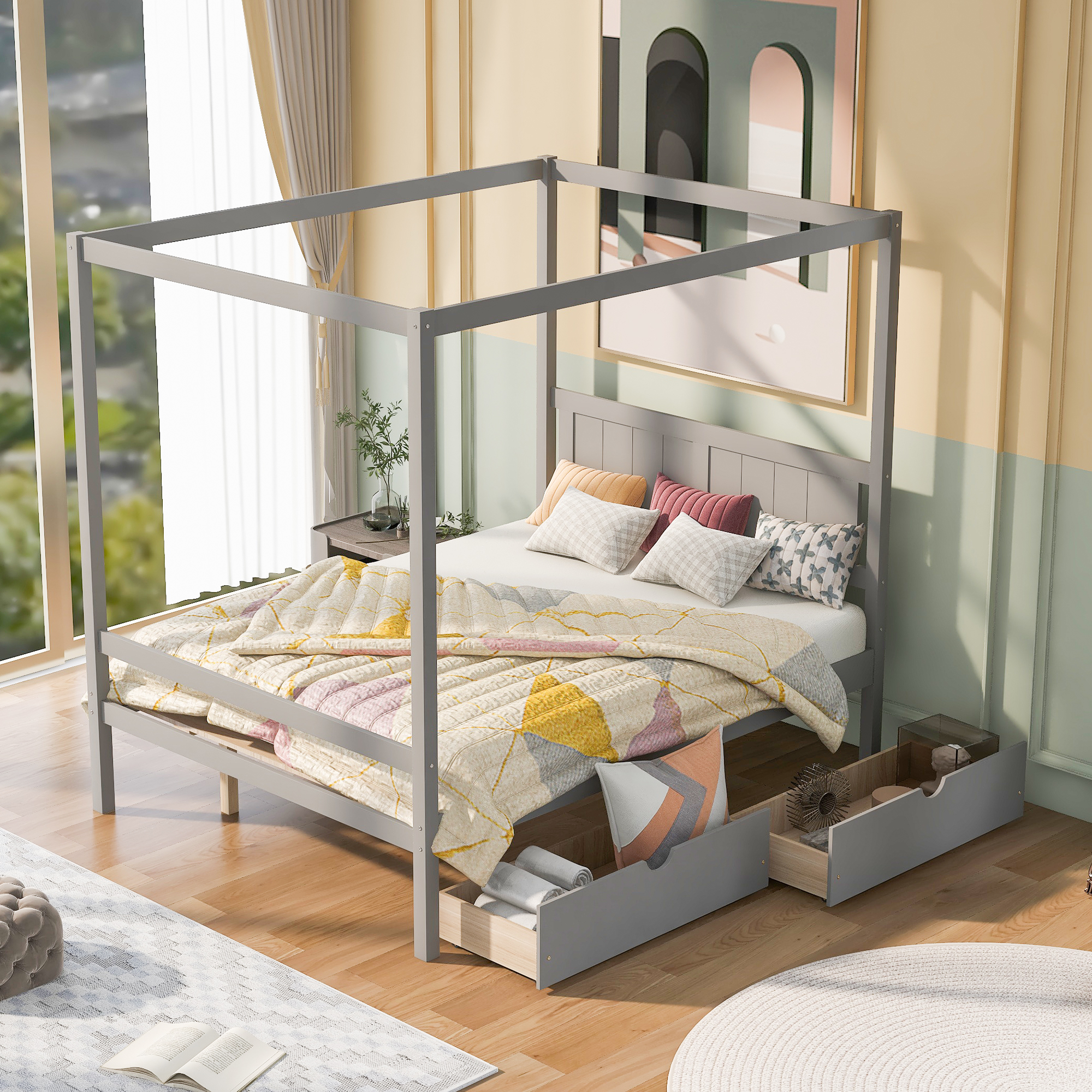 Full Size Canopy Platform Bed with Two Drawers,With Slat Support Leg,Gray-CASAINC