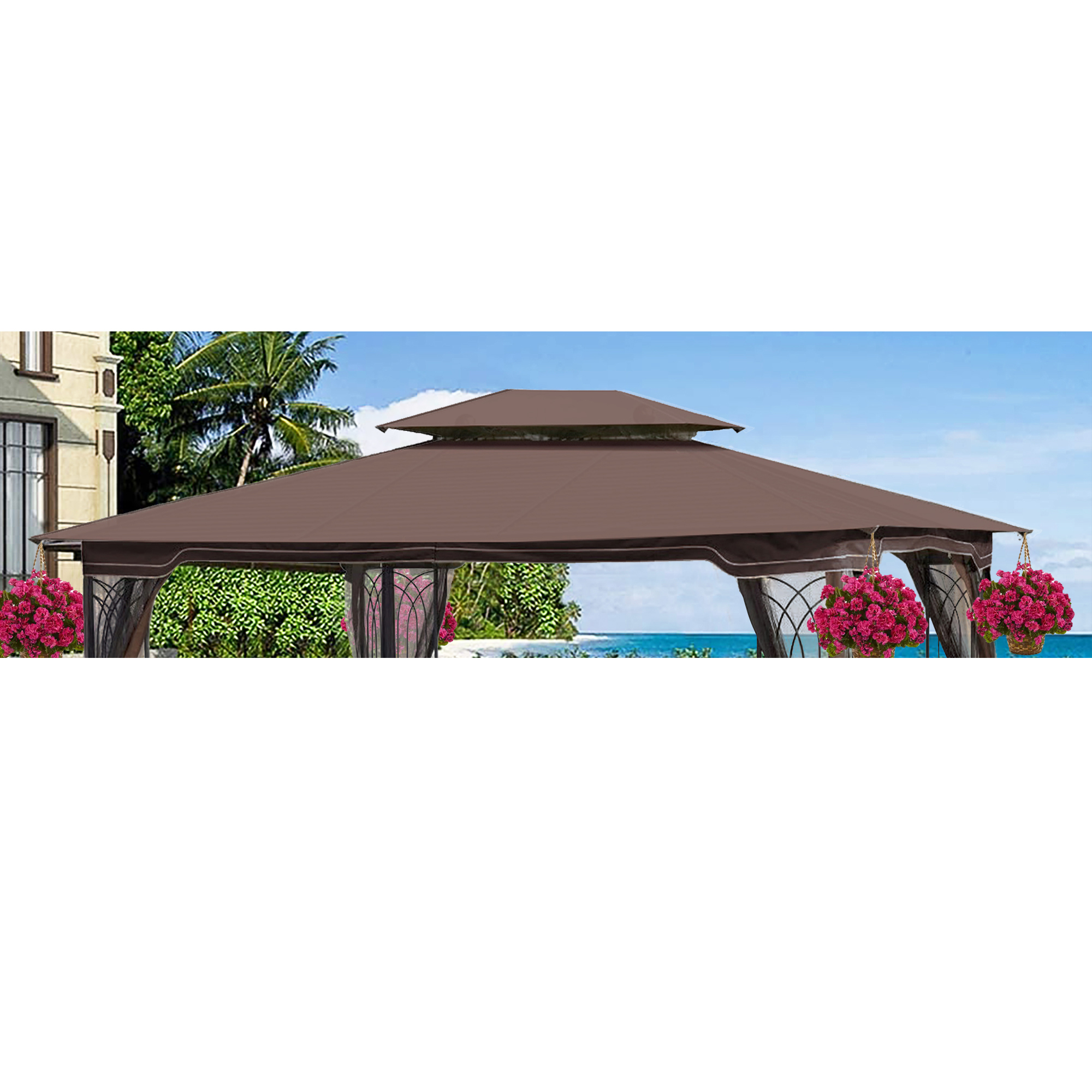 Patio Double Roof Gazebo Replacement Canopy Top Fabric,Brown-CASAINC