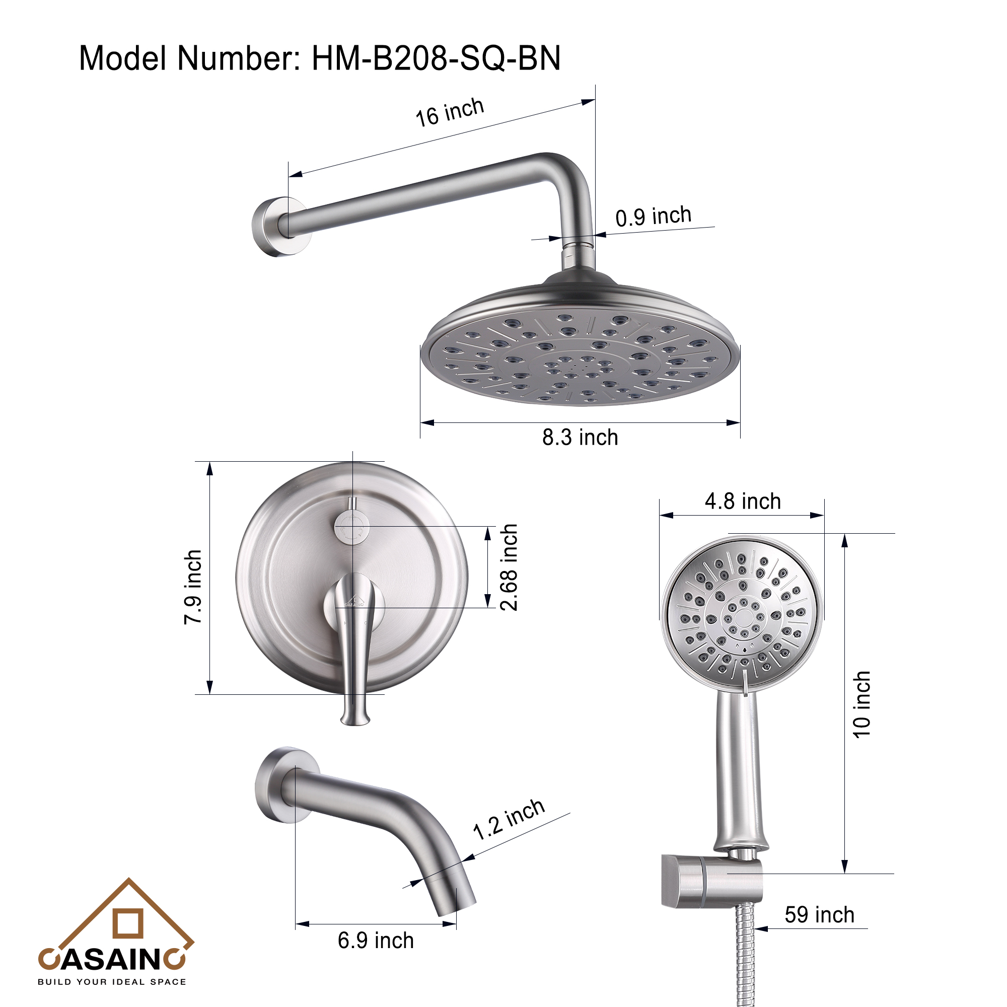 CASAINC 8.3 inch Wall-mounted rain shower faucet with pressure balanced valve