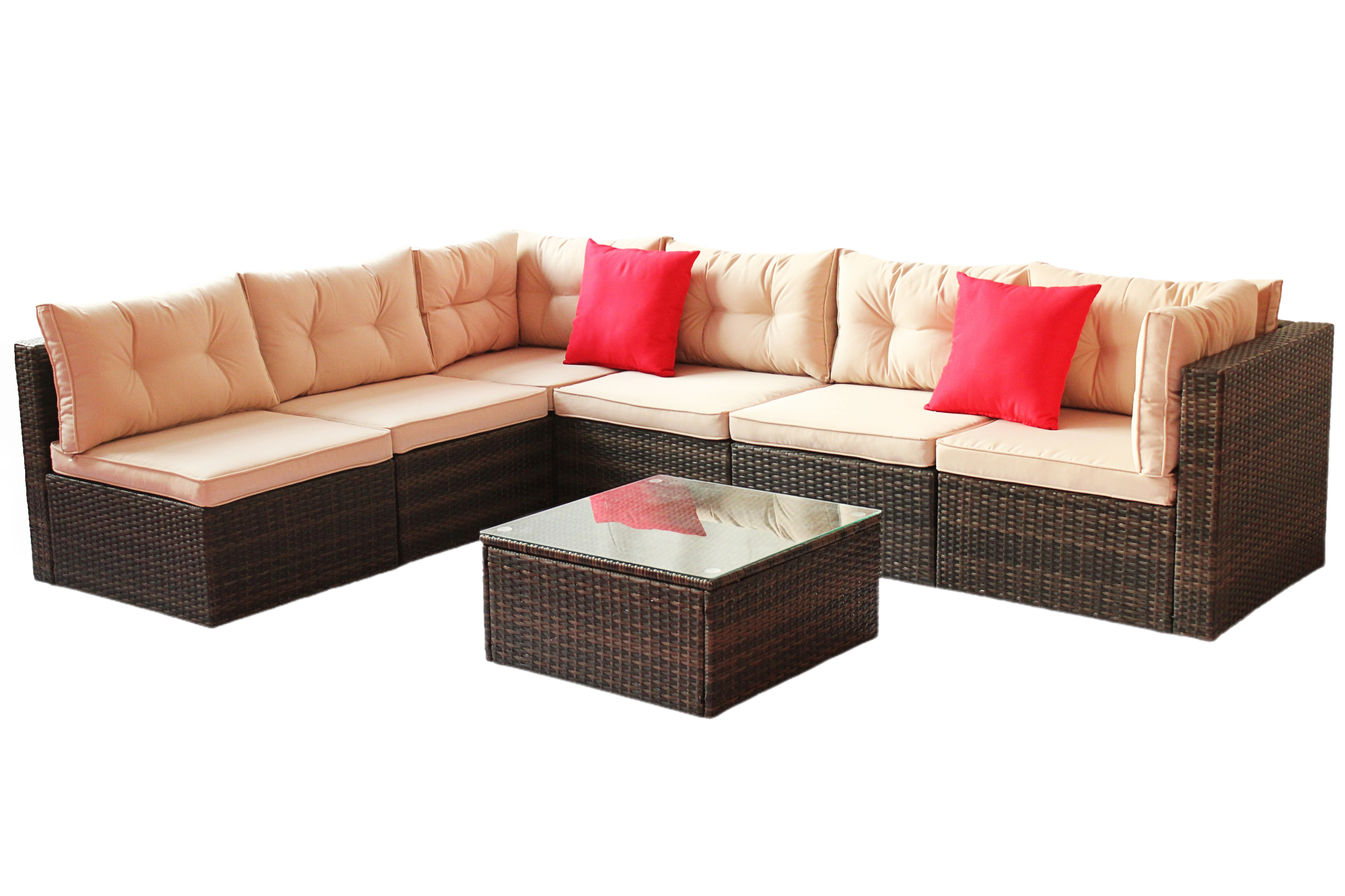 Patio Furniture Set PE Rattan Sectional Garden Furniture Corner Sofa Set (7 Pieces, Shallow brownCushion)-CASAINC